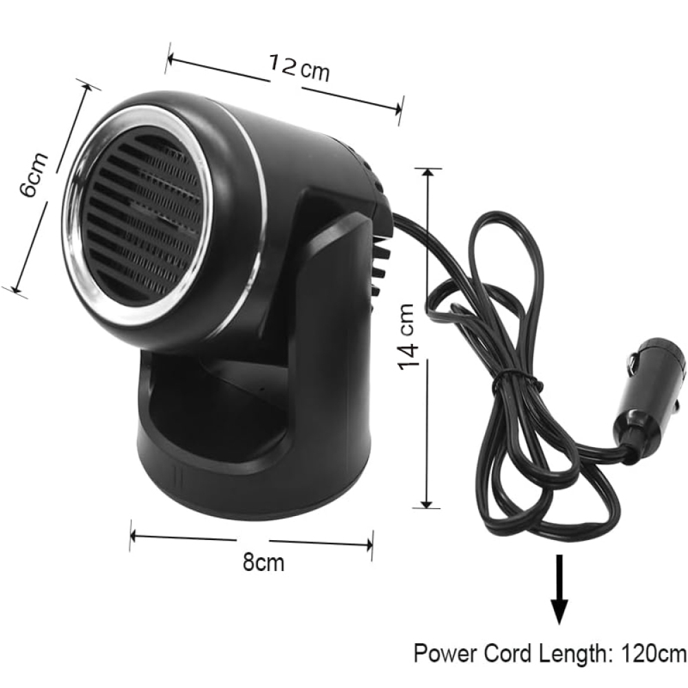 Schwarze Autoheizung mit Abmessungen. Sie hat ein Kabel. Maße: 12 cm, 6 cm, 14 cm und 8 cm. Kabellänge: 120 cm.