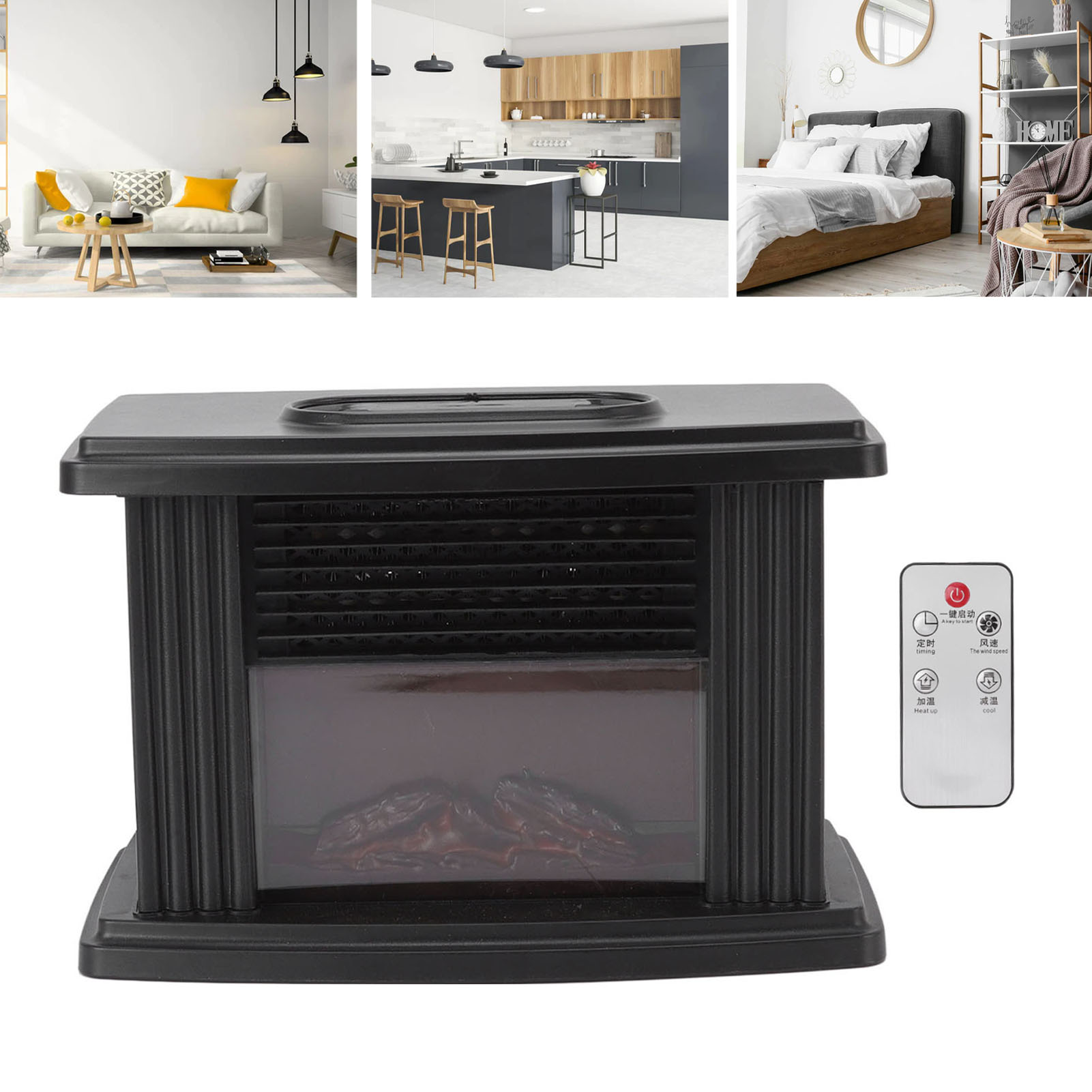 Ein schwarzer elektrischer Kamin mit Fernbedienung. Es hat einen künstlichen Flammeneffekt und eine Belüftung. Im Hintergrund ist ein Wohnzimmer.