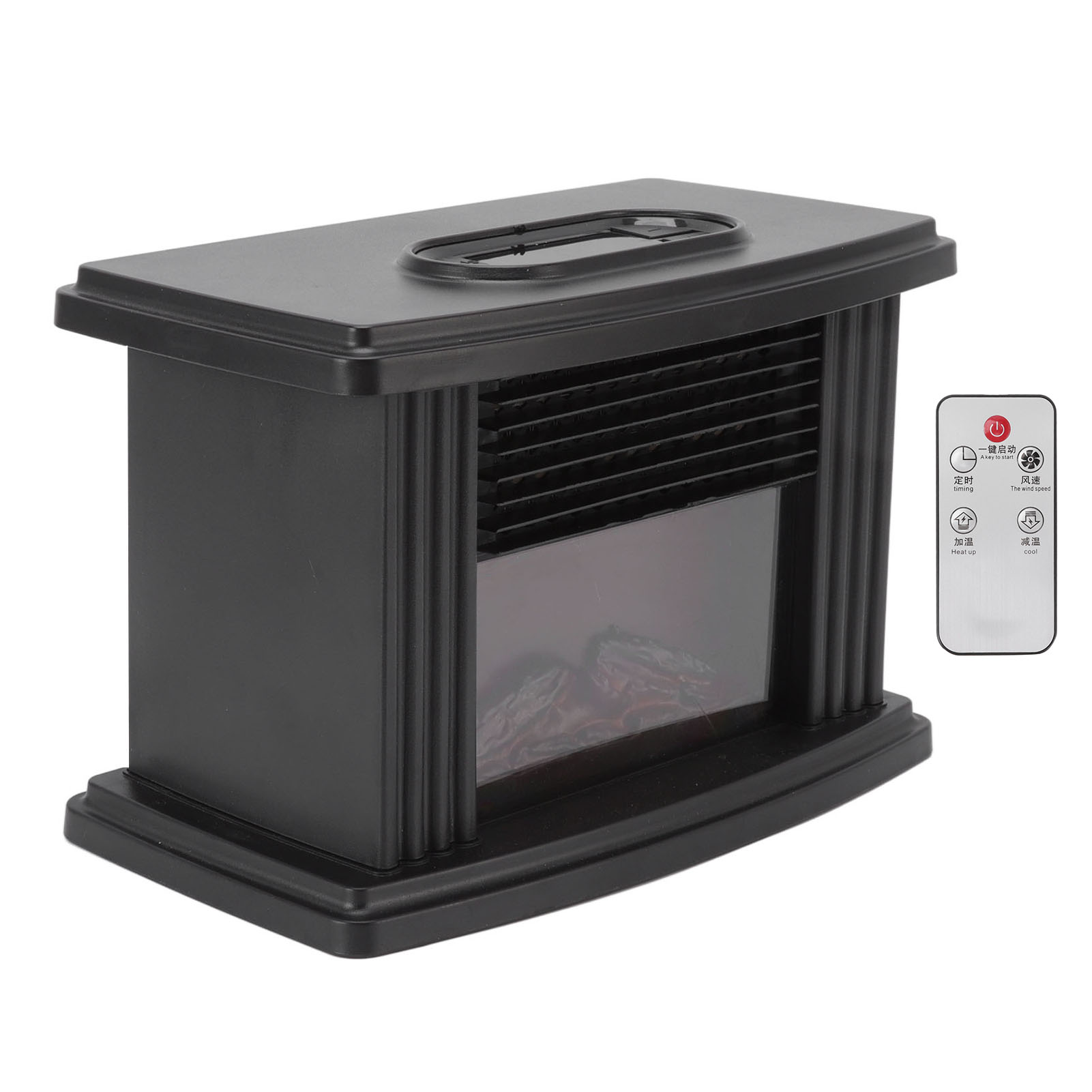 Ein schwarzer elektrischer Kamin mit Fernbedienung rechts. Der Kamin hat eine Glasfront und einen Flammeneffekt.