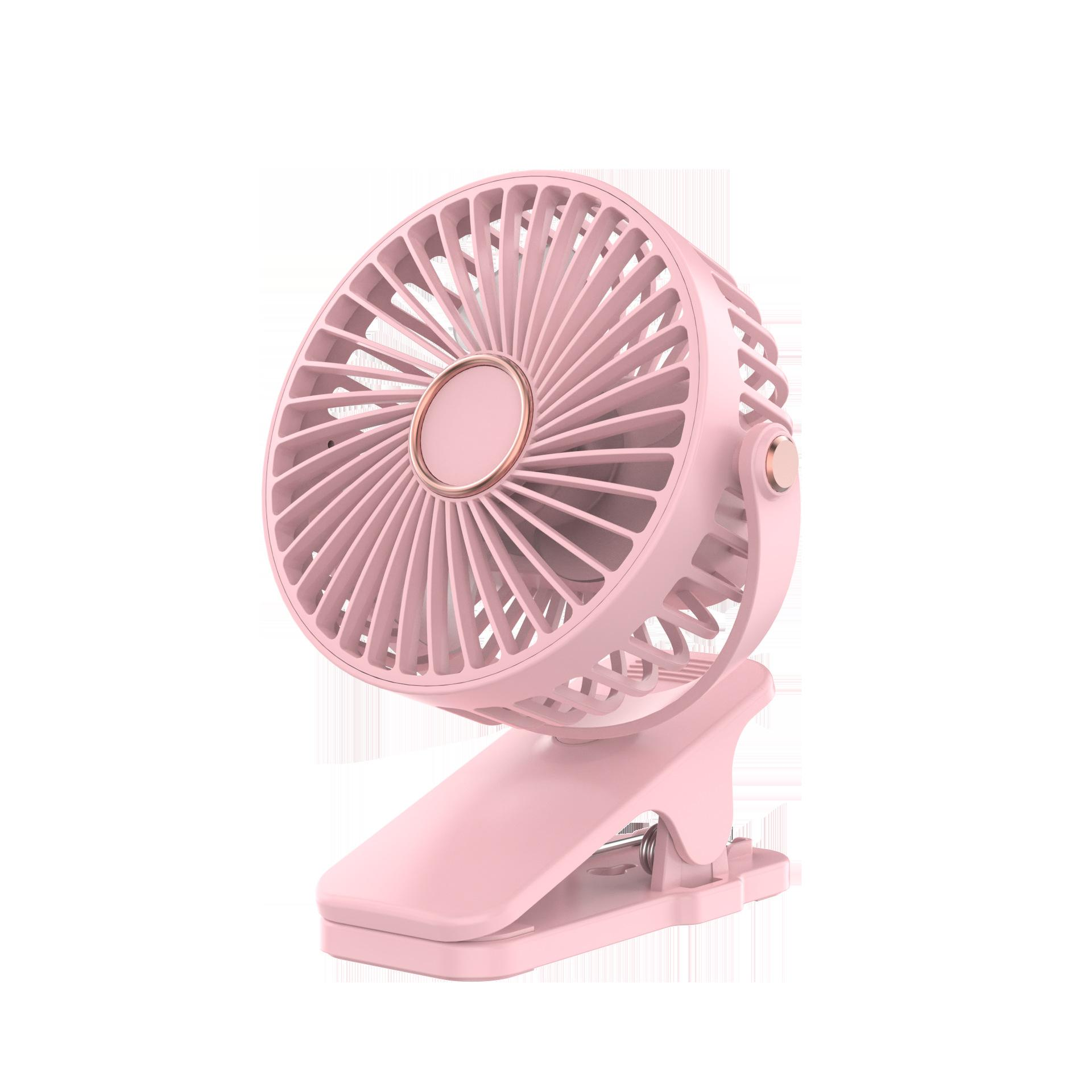 Ein rosa tragbarer Ventilator mit Clip. Es hat einen kreisförmigen Lüfter mit Flügeln und einen Clip-Sockel.