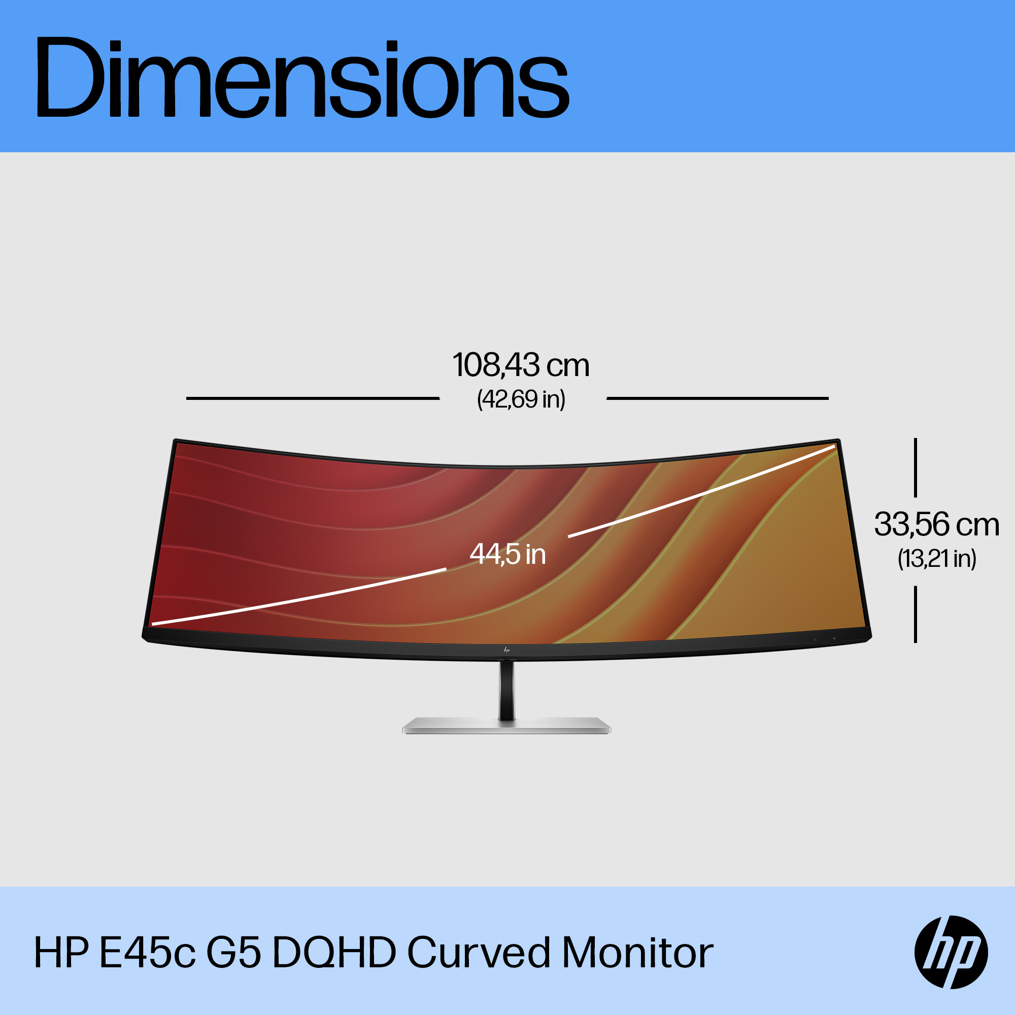 Un monitor HP curvo con dimensioni visualizzate. Il monitor è nero, con uno schermo sfumato rosso e giallo.