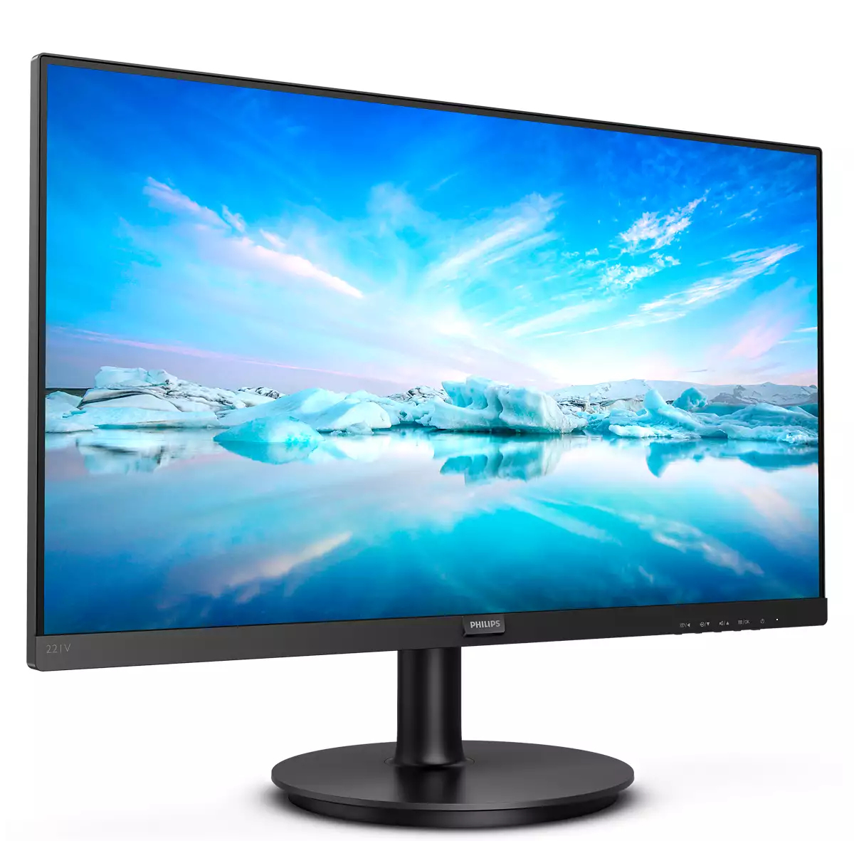 Un monitor Philips muestra una escena con icebergs y un cielo azul nublado reflejado en el agua.