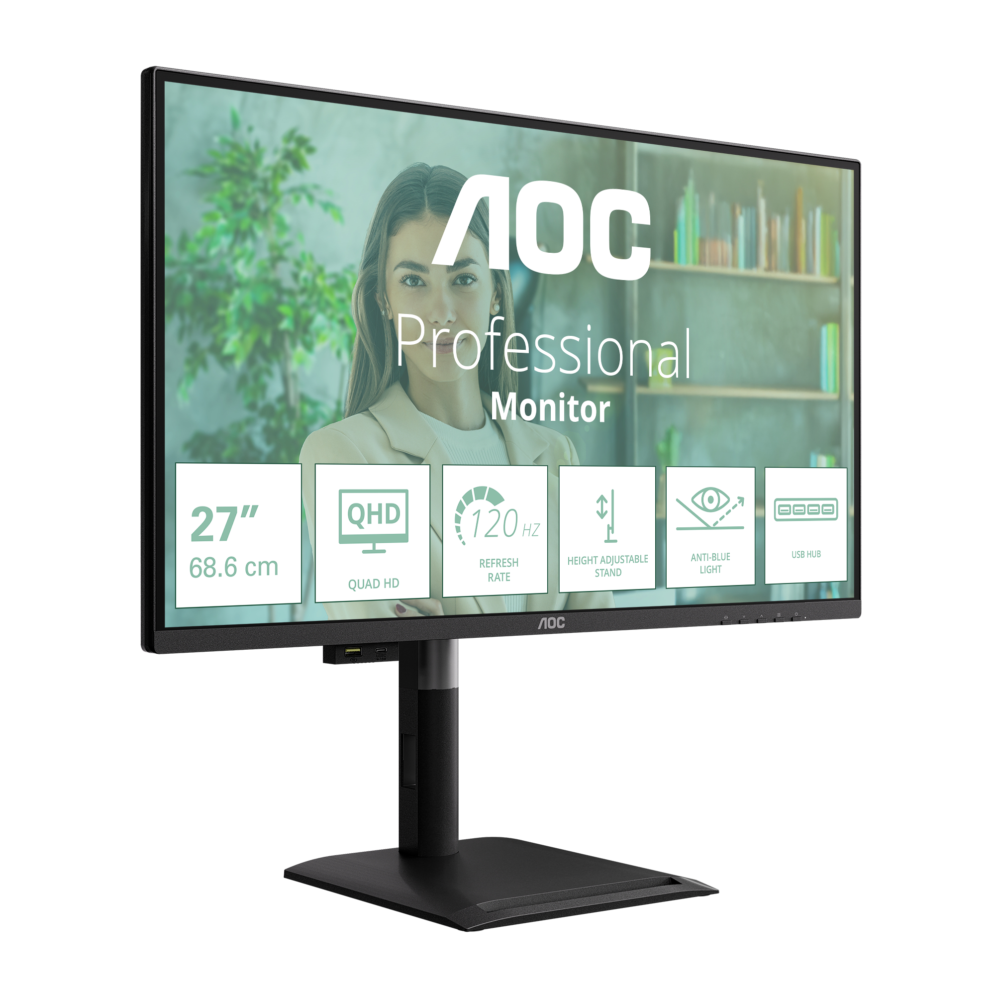 AOC Professional Monitor. Toont een vrouw, specificaties en functies zoals 27", QHD, 120Hz en USB-hub.
