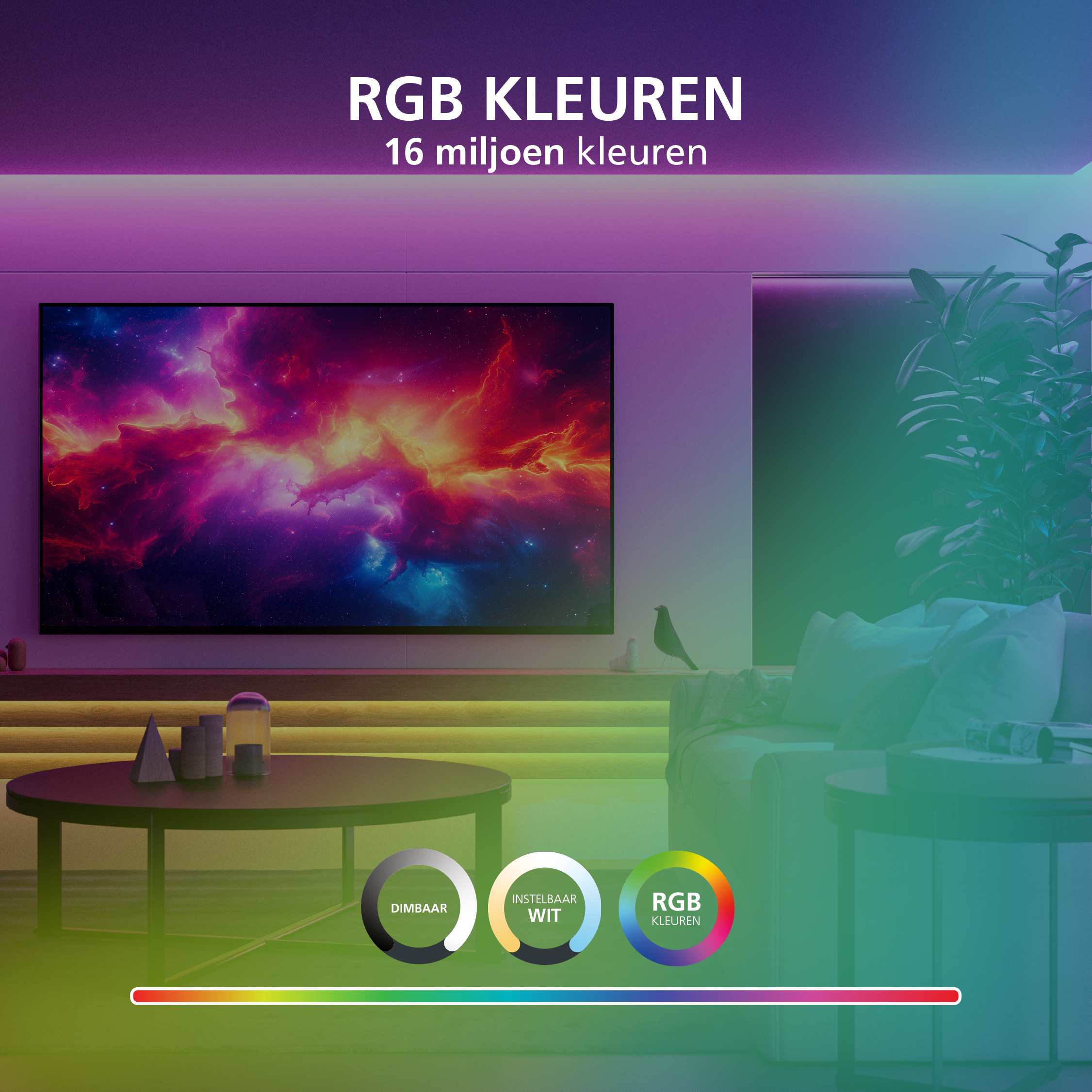Wohnzimmer mit TV, der einen Nebel zeigt. Bunte Beleuchtung, Sofa und Couchtisch mit Dekoration. Text über RGB-Farben.