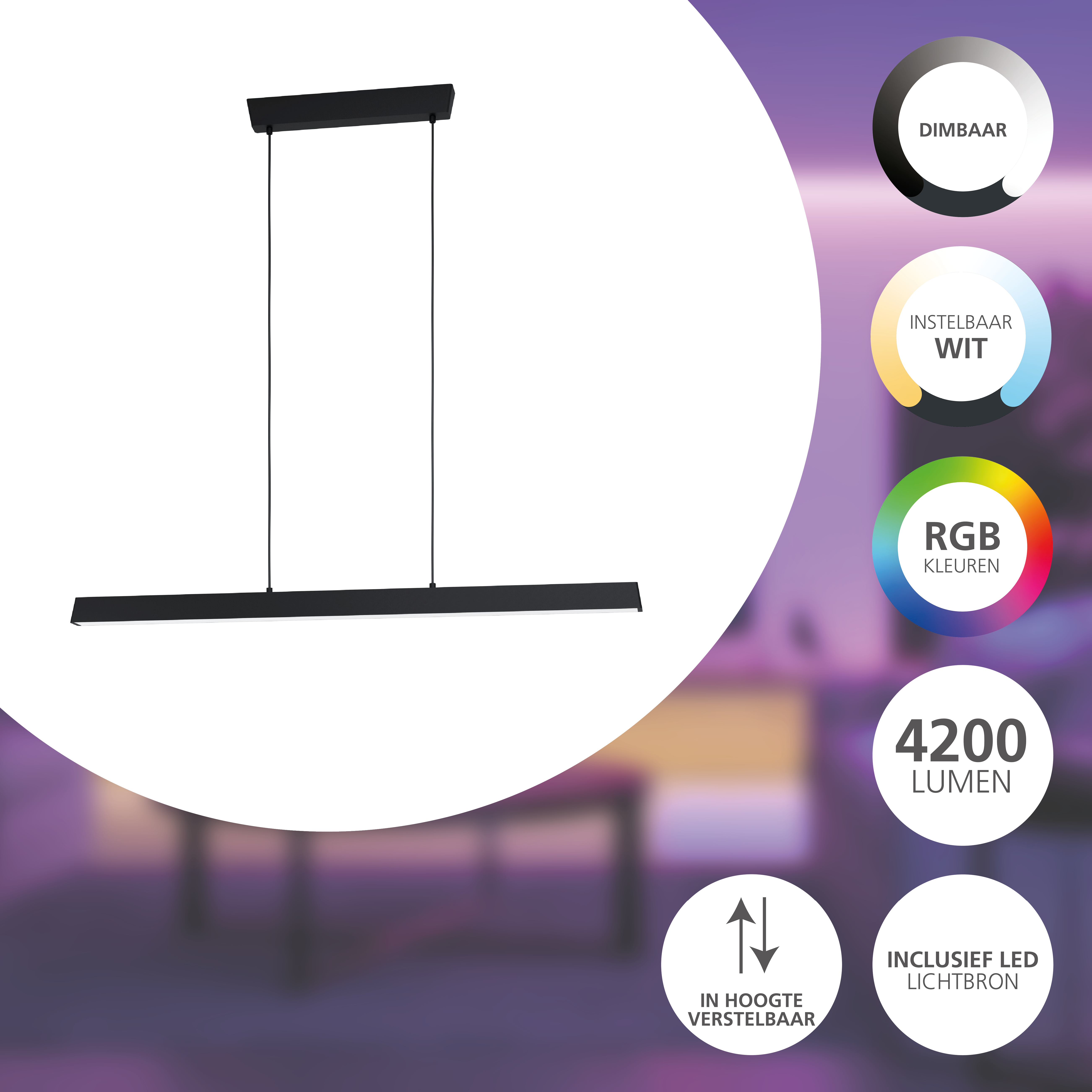 Schwarze Hängelampe mit langem, rechteckigem Licht. Eigenschaften: dimmbar, weiße Farbe, RGB-Farben, 4200 Lumen und höhenverstellbar.