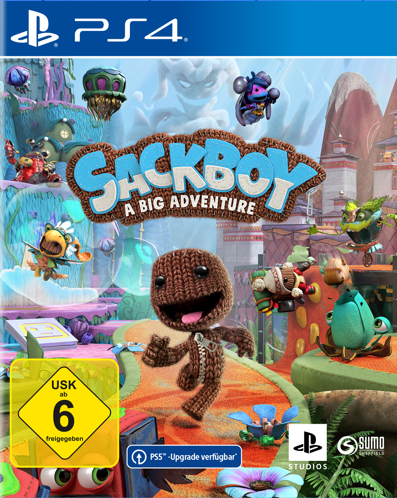 Copertina del gioco Sackboy. Personaggio marrone che salta. Sfondo colorato di un mondo con isole fluttuanti e varie creature.