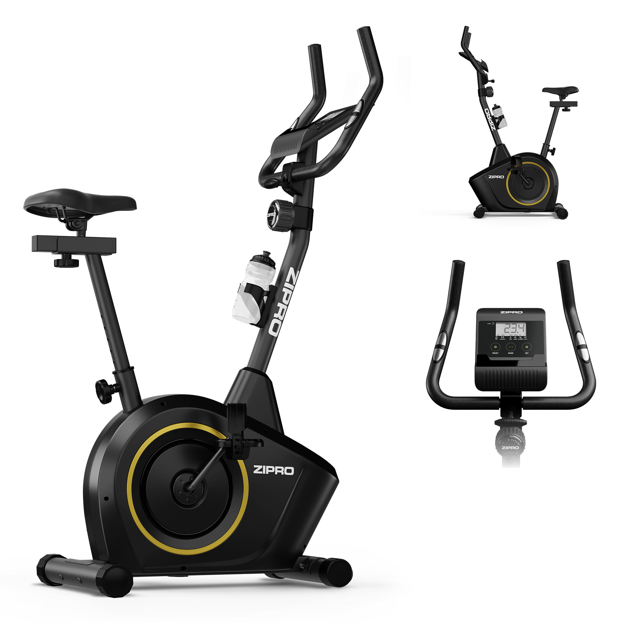 Ein schwarzes und gelbes ZIPRO-Heimtrainer. Er hat ein Display, einen Wasserflaschenhalter und einen verstellbaren Sitz. Mehrere Ansichten sind gezeigt.
