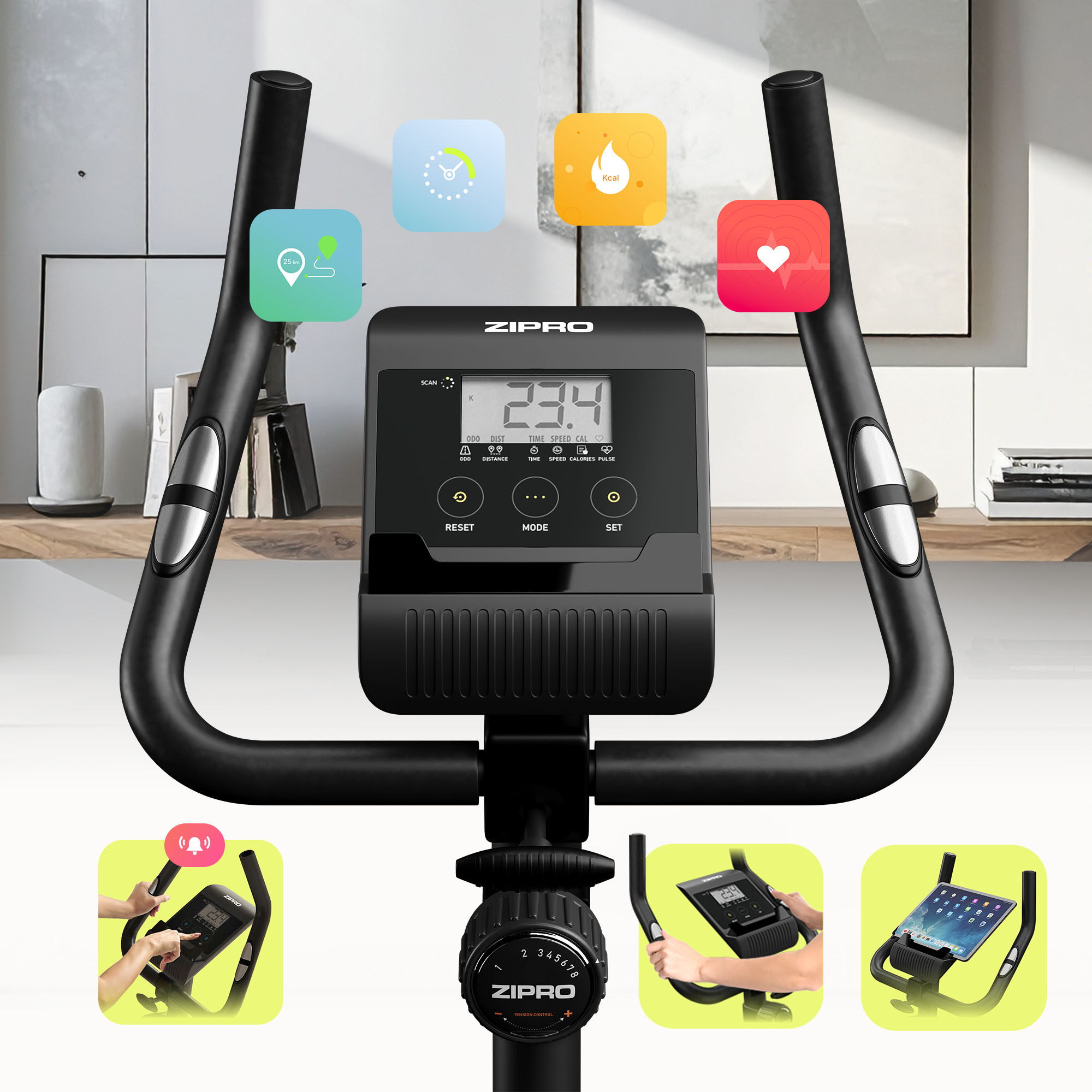 Schwarzes Trainingsfahrrad mit Digitalanzeige. Icons für Standort, Zeit und Herzfrequenz. Die Marke ist ZIPRO.