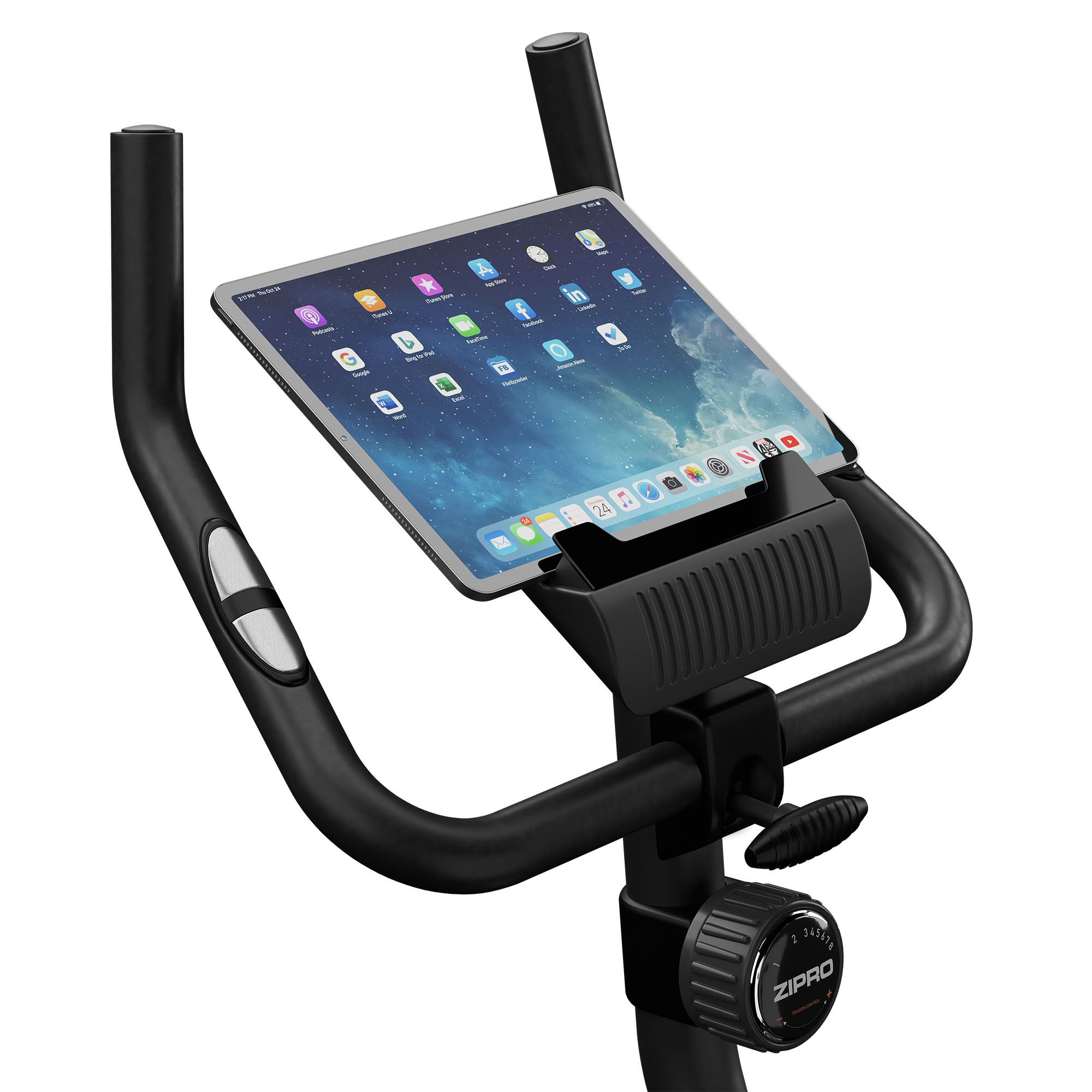 Ein schwarzes Trainingsfahrrad mit einem Tablet, das App-Symbole anzeigt. Das Fahrrad hat einen Spannungsknopf und eine Halterung.