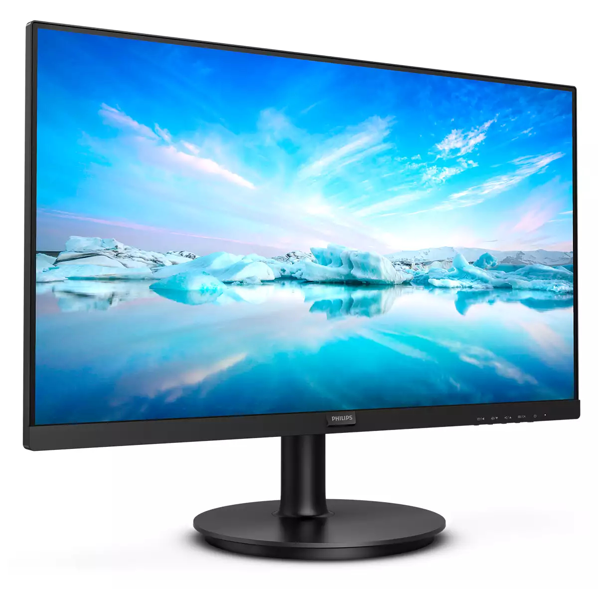 Un monitor Philips muestra un paisaje de icebergs en agua bajo un cielo azul nublado. El monitor es negro con un soporte negro.