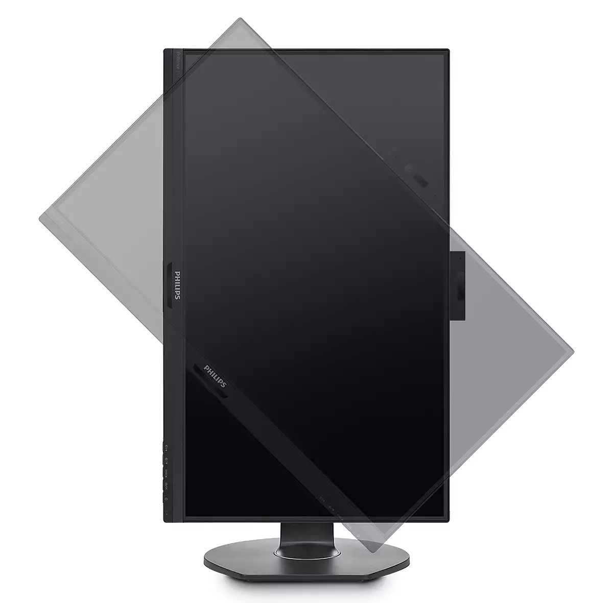 Un monitor per computer Philips nero è mostrato ad angolo su sfondo bianco. Lo schermo ha un effetto visivo rotante.