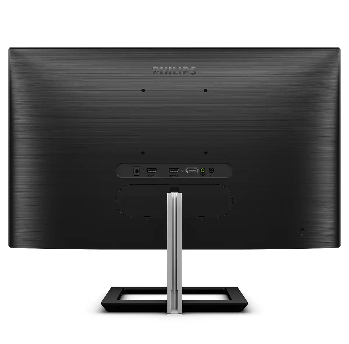 Retro di un monitor Philips nero. Porte e connessioni visibili in basso. Supporto argento e base nera.
