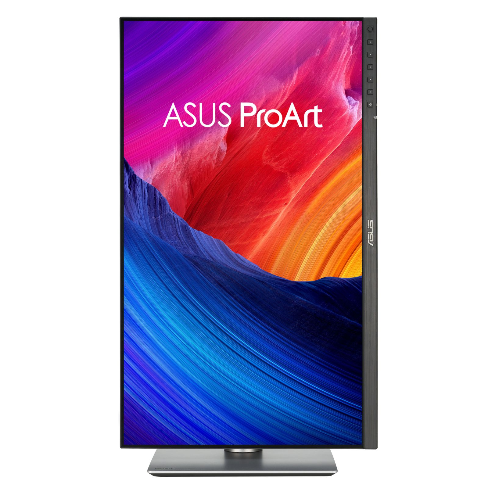 Monitor ASUS ProArt. Wyświetlacz przedstawia abstrakcyjne, kolorowe kształty. Ekran jest obramowany na czarno, z przyciskami po prawej.