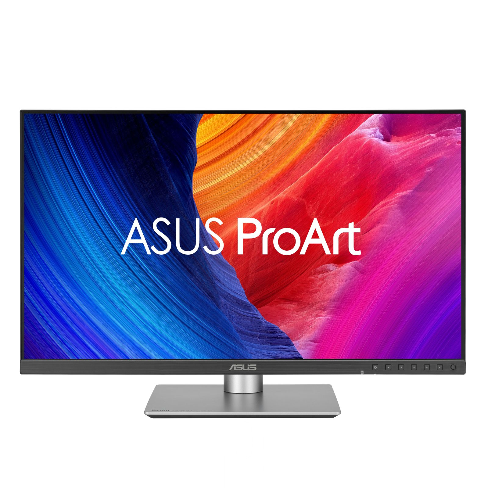 Monitor Asus ProArt wyświetla kolorowy abstrakcyjny obraz. Monitor ma srebrną podstawę, widoczne jest logo Asus.