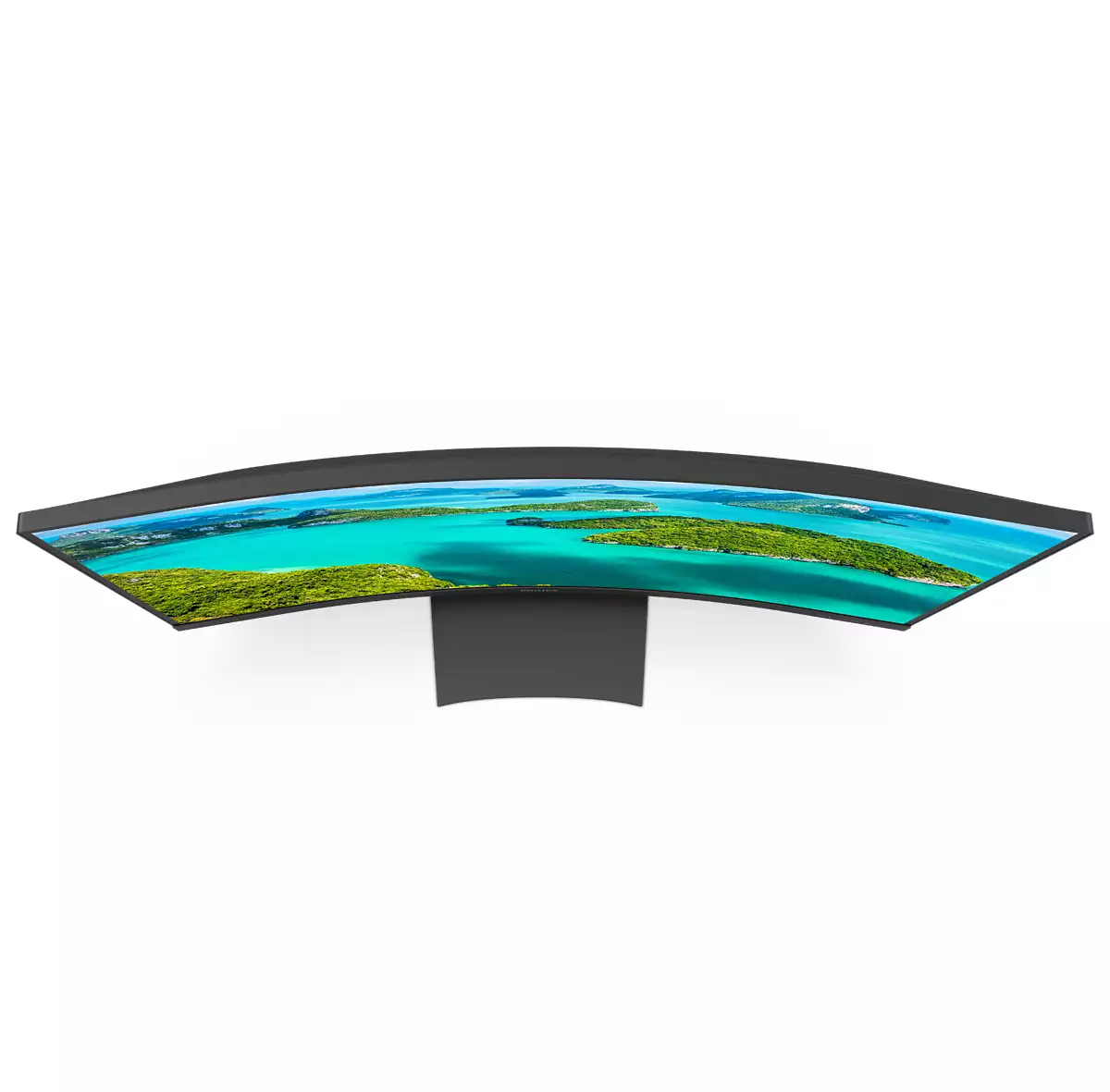 Zakrzywiony monitor komputerowy wyświetla tropikalny krajobraz z zielonymi wyspami i turkusową wodą. Monitor ma czarną ramkę i podstawę.