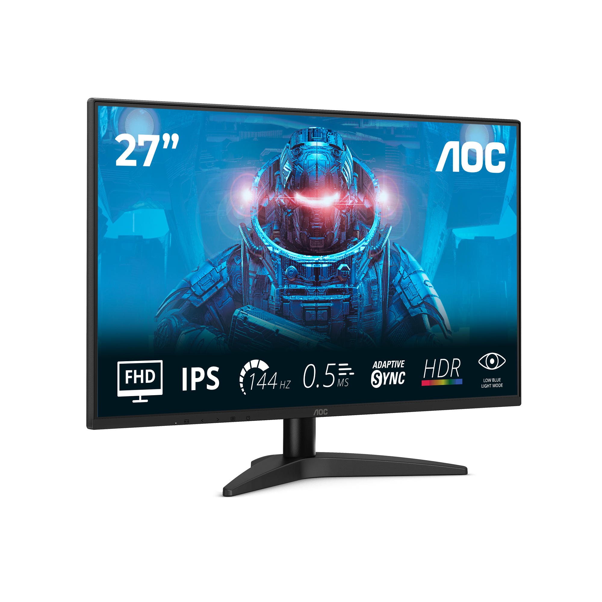 Monitor AOC 27 cali. Wyświetlacz pokazuje futurystyczny obraz robota. Cechy: FHD, IPS, 144 Hz, 0,5 ms, Adaptive Sync, HDR i Low Blue Light.