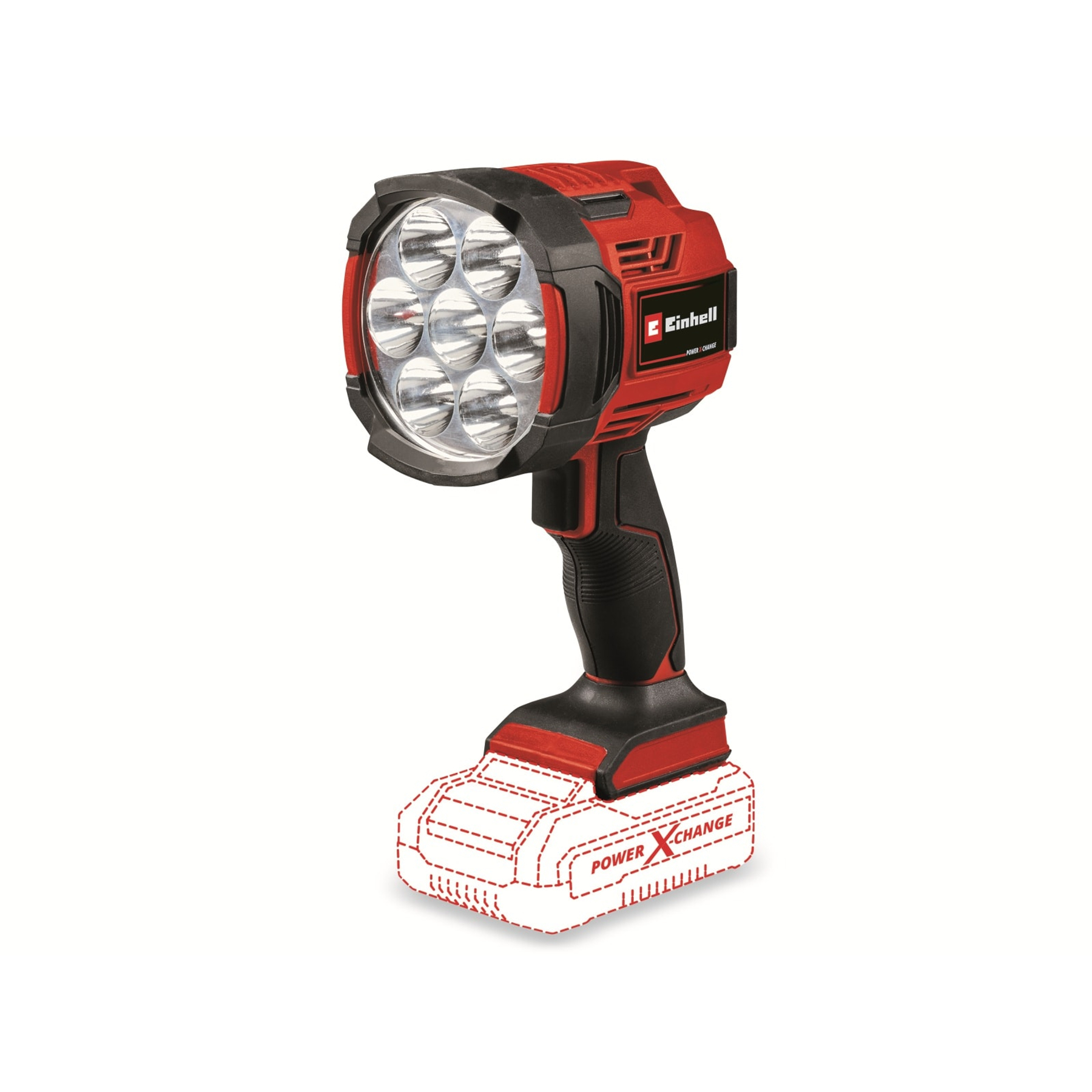 Un faro Einhell rosso e nero. Ha un'impugnatura, una base per batteria e più luci a LED nella parte anteriore.