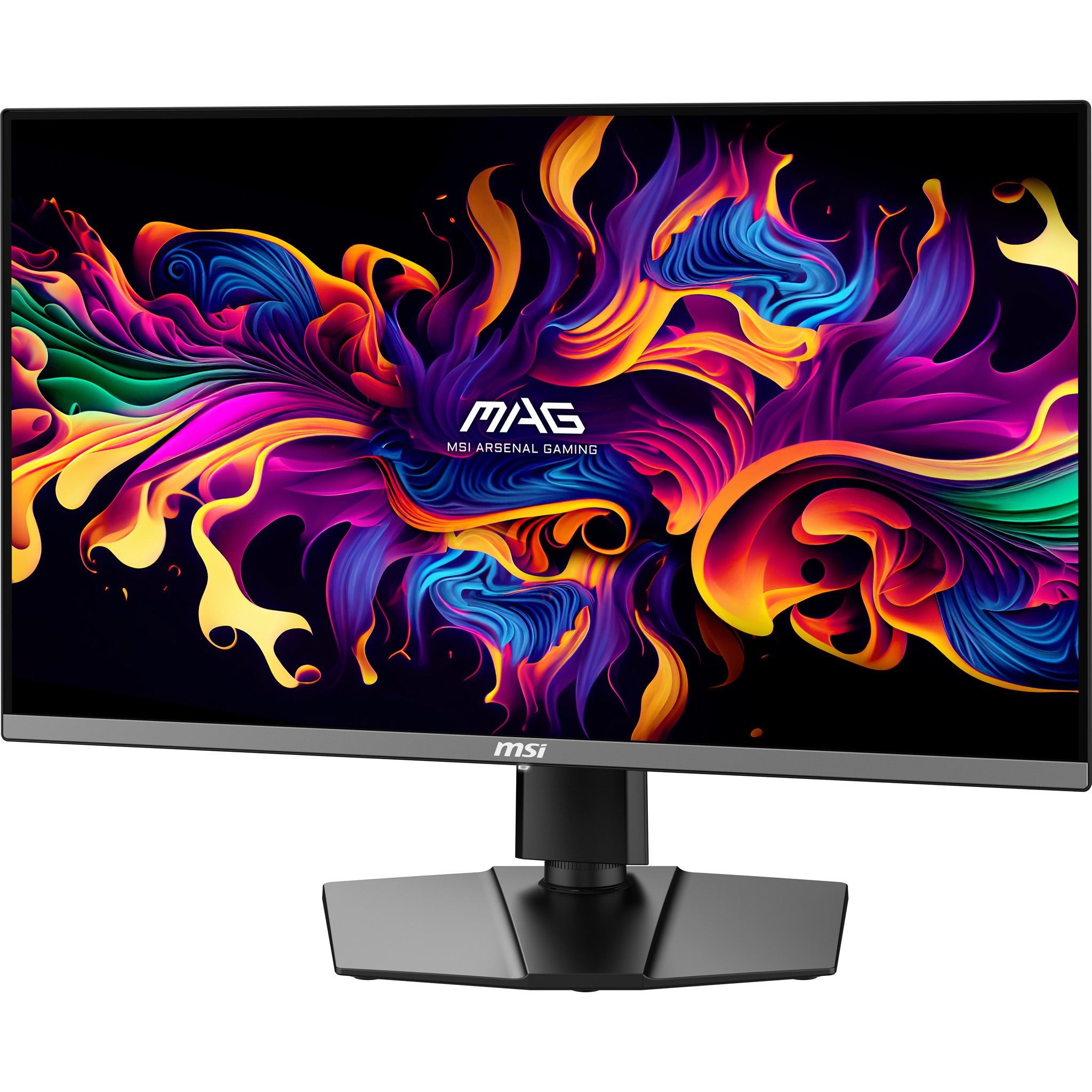 Monitor do gier MSI. Ekran wyświetla kolorową, abstrakcyjną grafikę. Podstawa i stojak są czarne i szare.