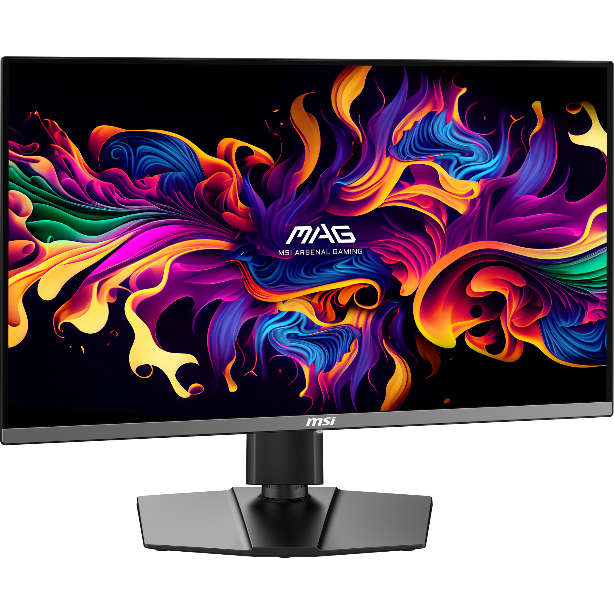 Monitor MSI z kolorową abstrakcją na ekranie. Czarna podstawa i stojak, białe tło.