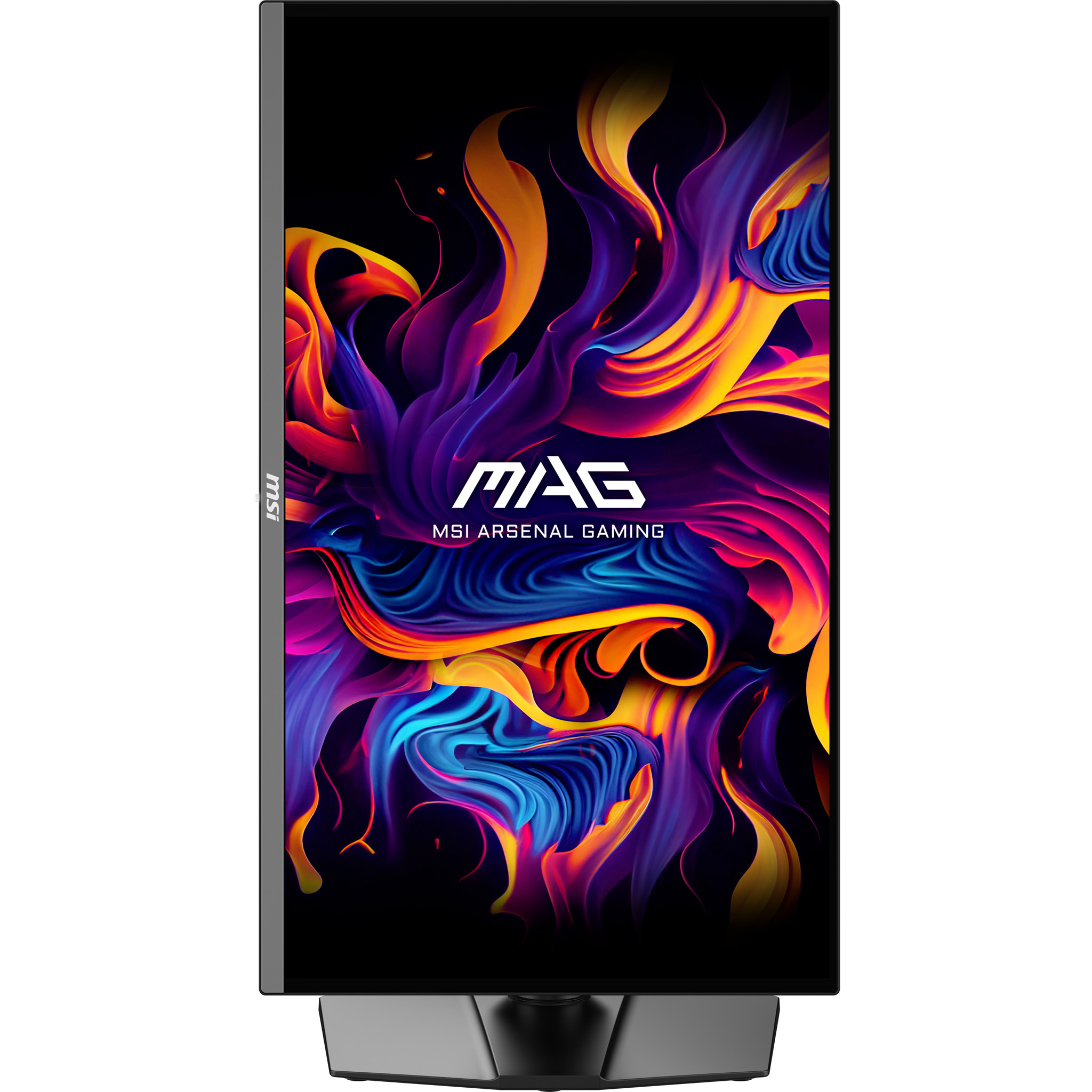 Monitor komputerowy z czarną ramką wyświetla kolorowy abstrakcyjny wzór i MAG MSI Arsenal Gaming.