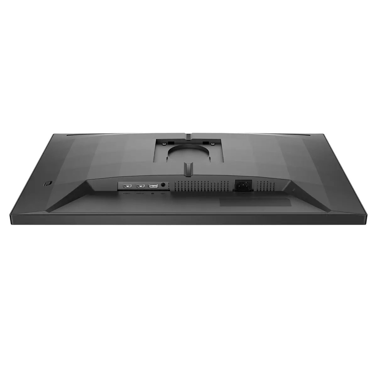 Vista posteriore di un monitor per computer nero. Mostra porte HDMI, USB e di alimentazione. Lo sfondo è bianco.