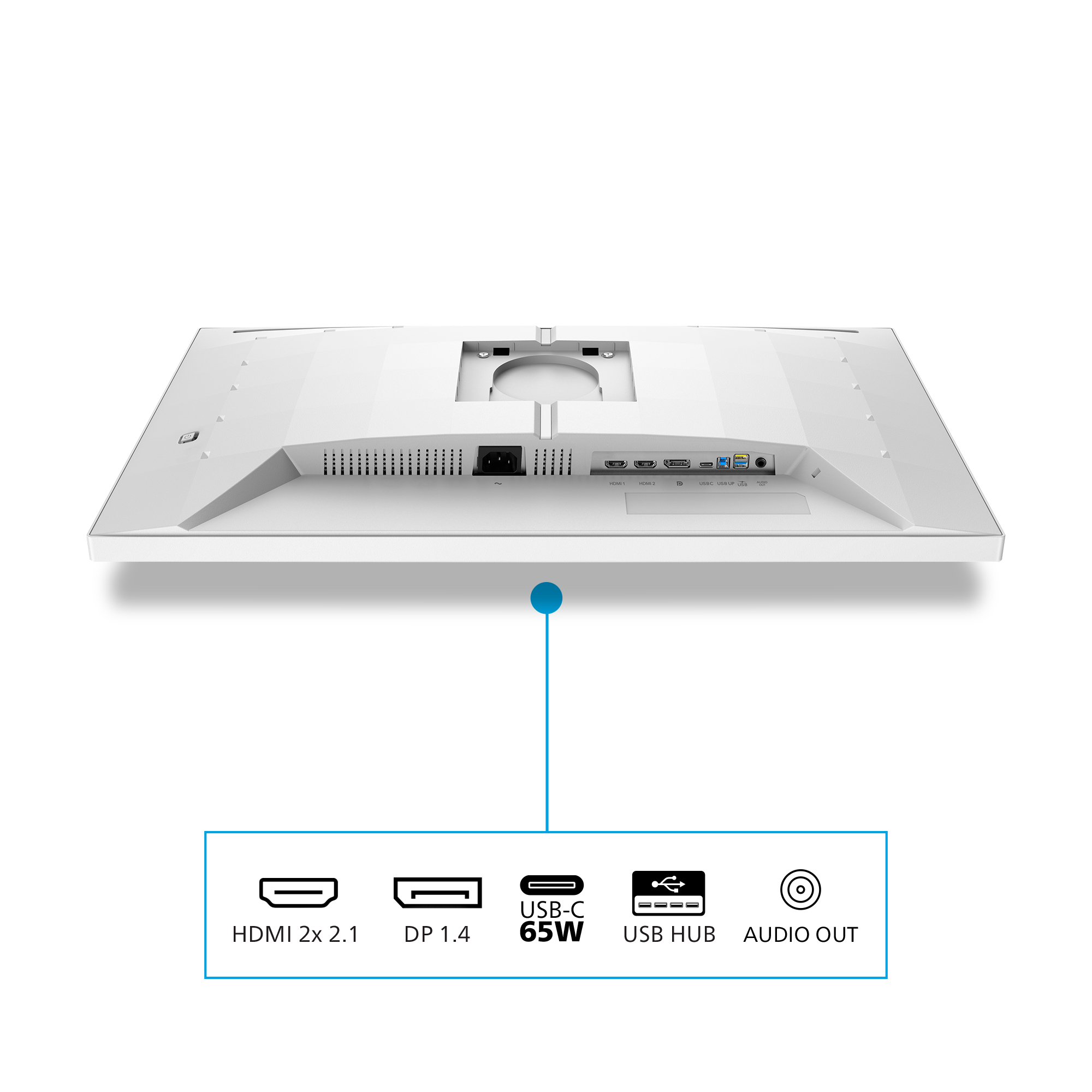 Tył białego monitora z portami: HDMI, DP, USB-C, USB Hub i wyjściem audio. Etykieta USB-C 65W.