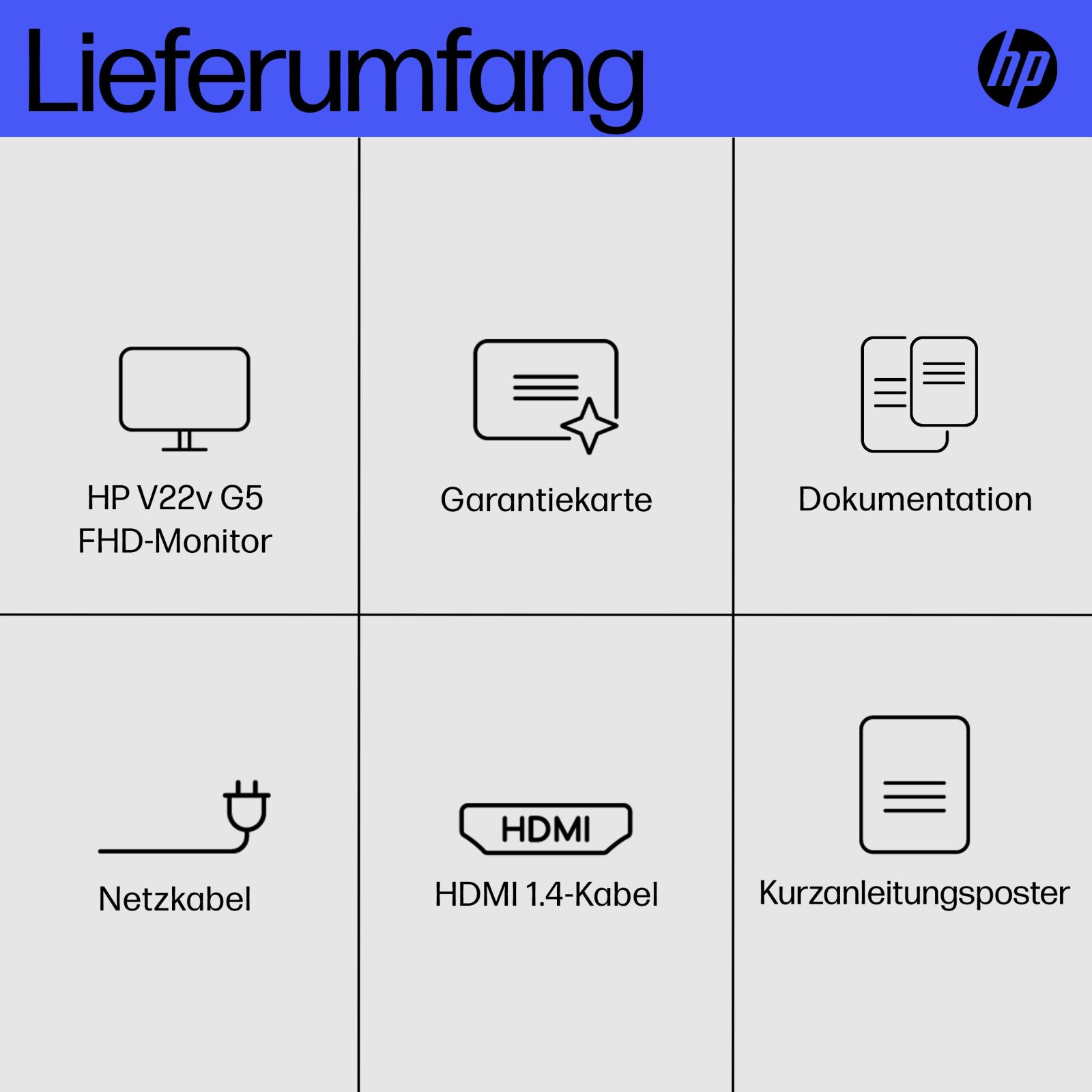 La imagen muestra el contenido del paquete, incluyendo un monitor, tarjeta de garantía, documentación, cable de alimentación y HDMI.