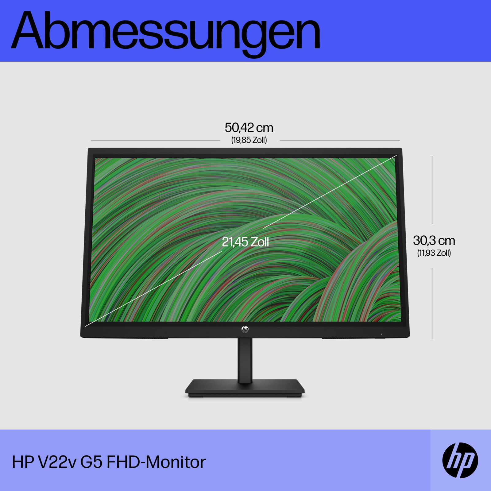 Un monitor HP V22v G5 FHD con medidas en cm y pulgadas. La pantalla muestra un patrón de remolino verde y rojo.