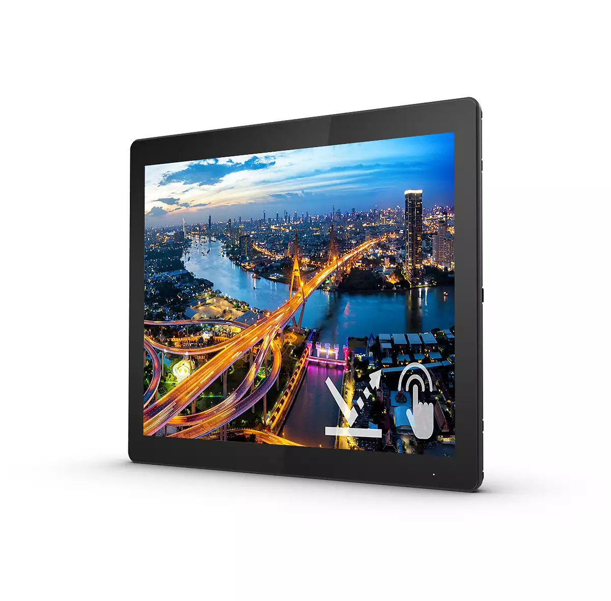 Tablet che mostra una città di notte, con un ponte ed edifici. Un'icona a forma di mano indica la funzionalità touch screen.