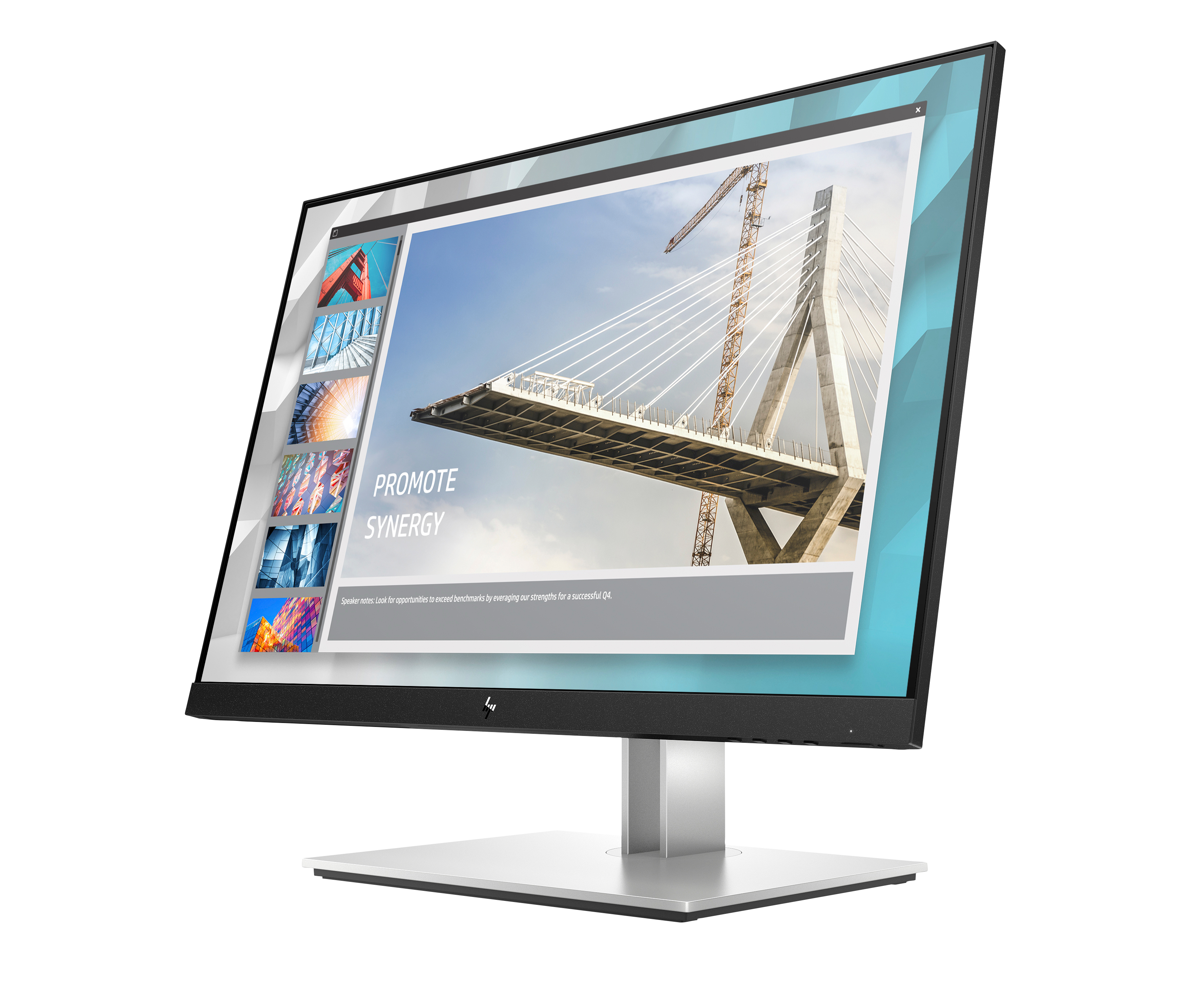 Ein Computermonitor zeigt einen Brückenbau. Der Bildschirm zeigt die Worte 'Promote Synergy'.