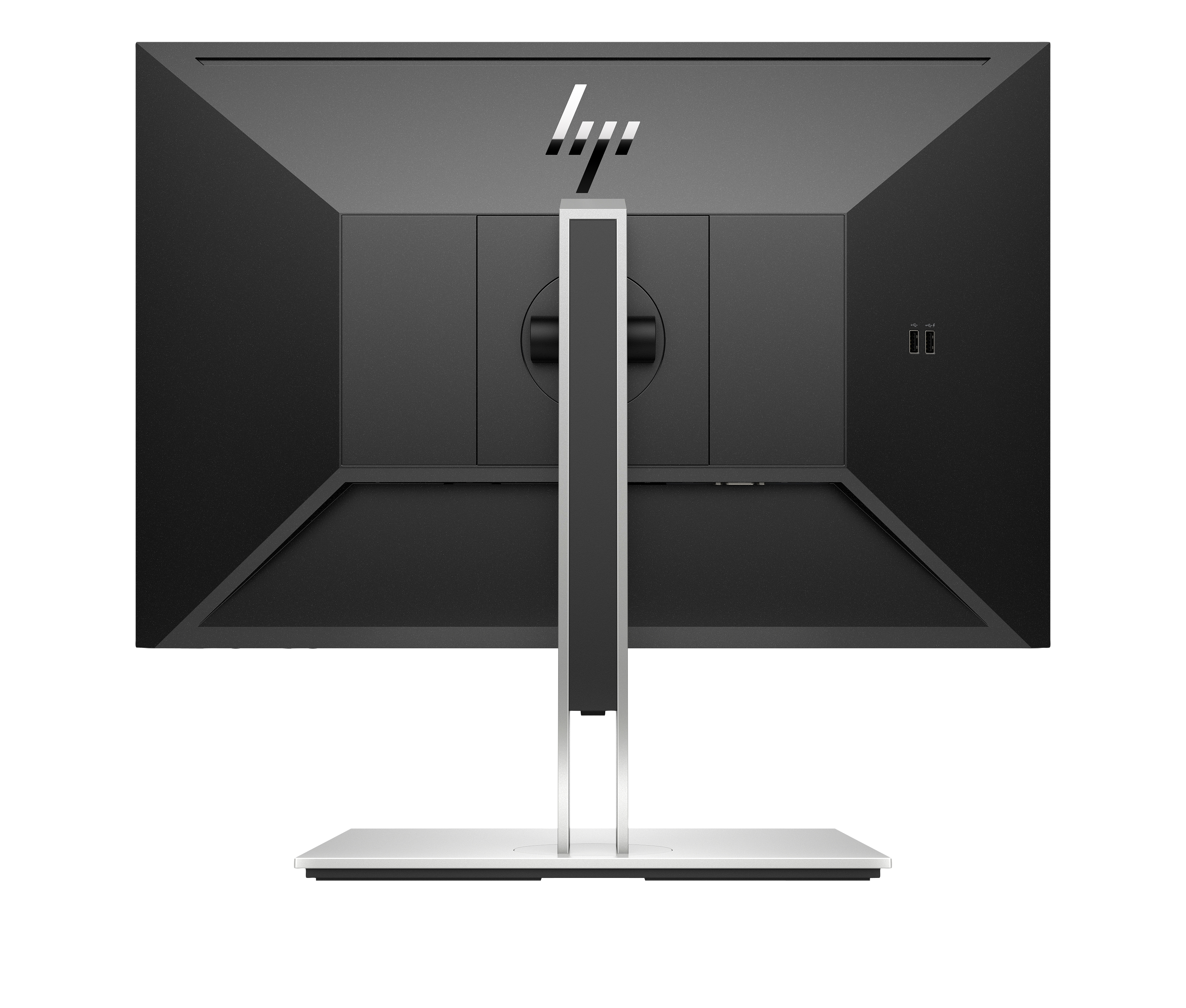Rückseite eines schwarzen Computermonitors mit HP-Logo. Ein silberner Ständer trägt den Bildschirm auf weißer Oberfläche.