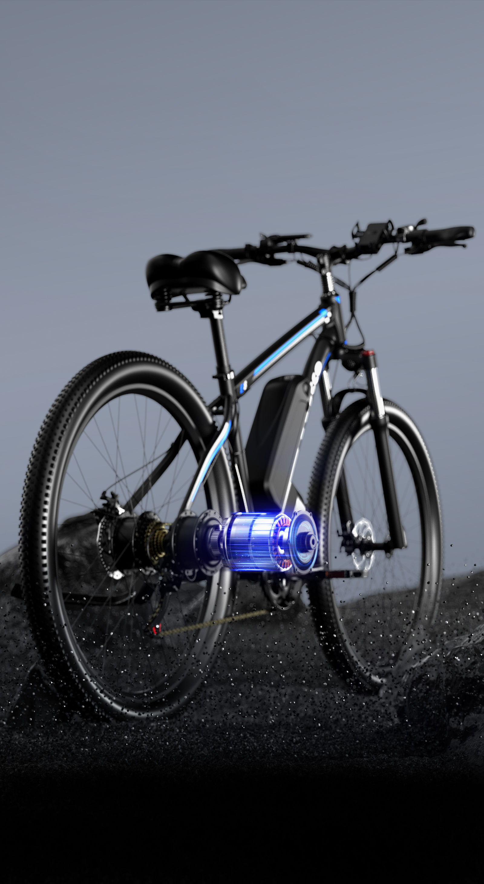 Czarny rower elektryczny z niebieskimi akcentami. Silnik jest podświetlony. Tło to szary gradient.
