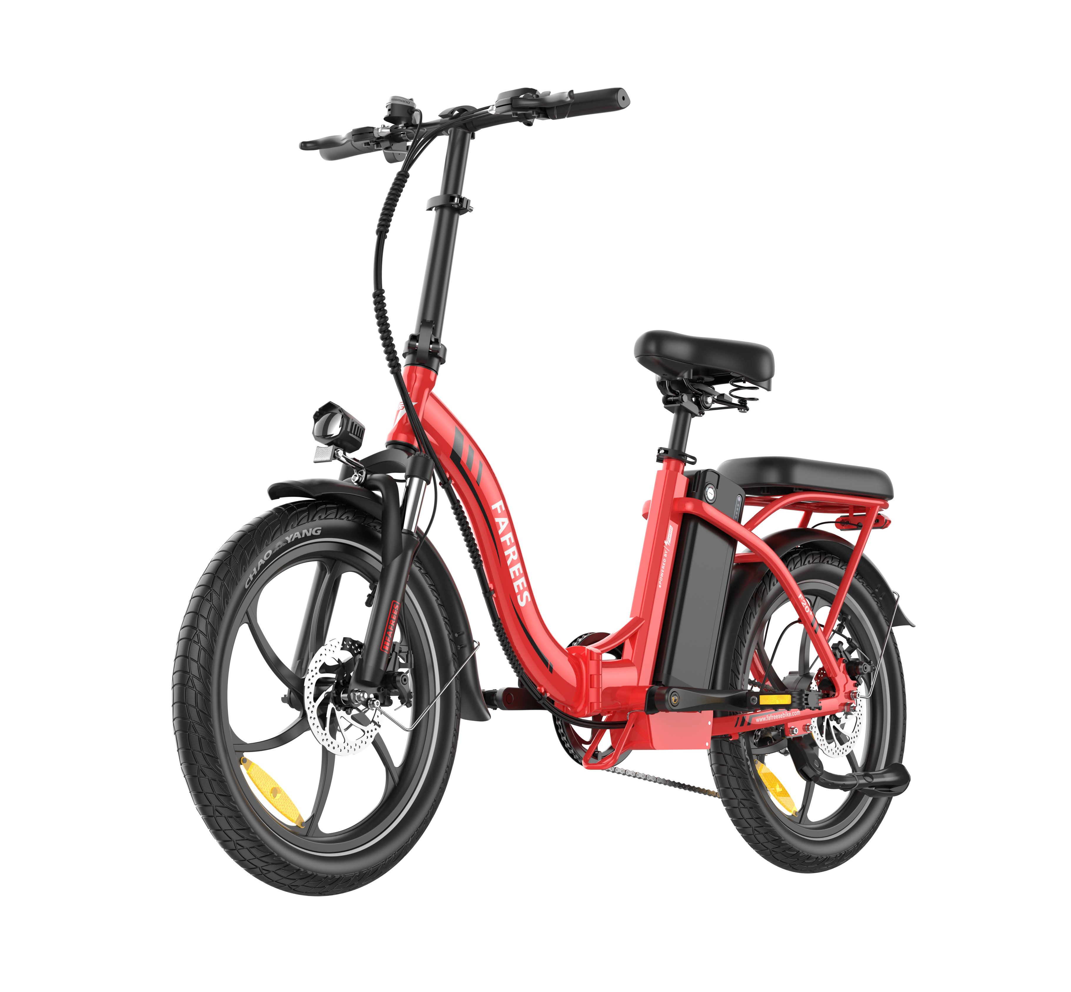 Czerwony rower elektryczny na czarnym tle. Czarne opony, siodełko i kierownica. Widoczna nazwa marki.