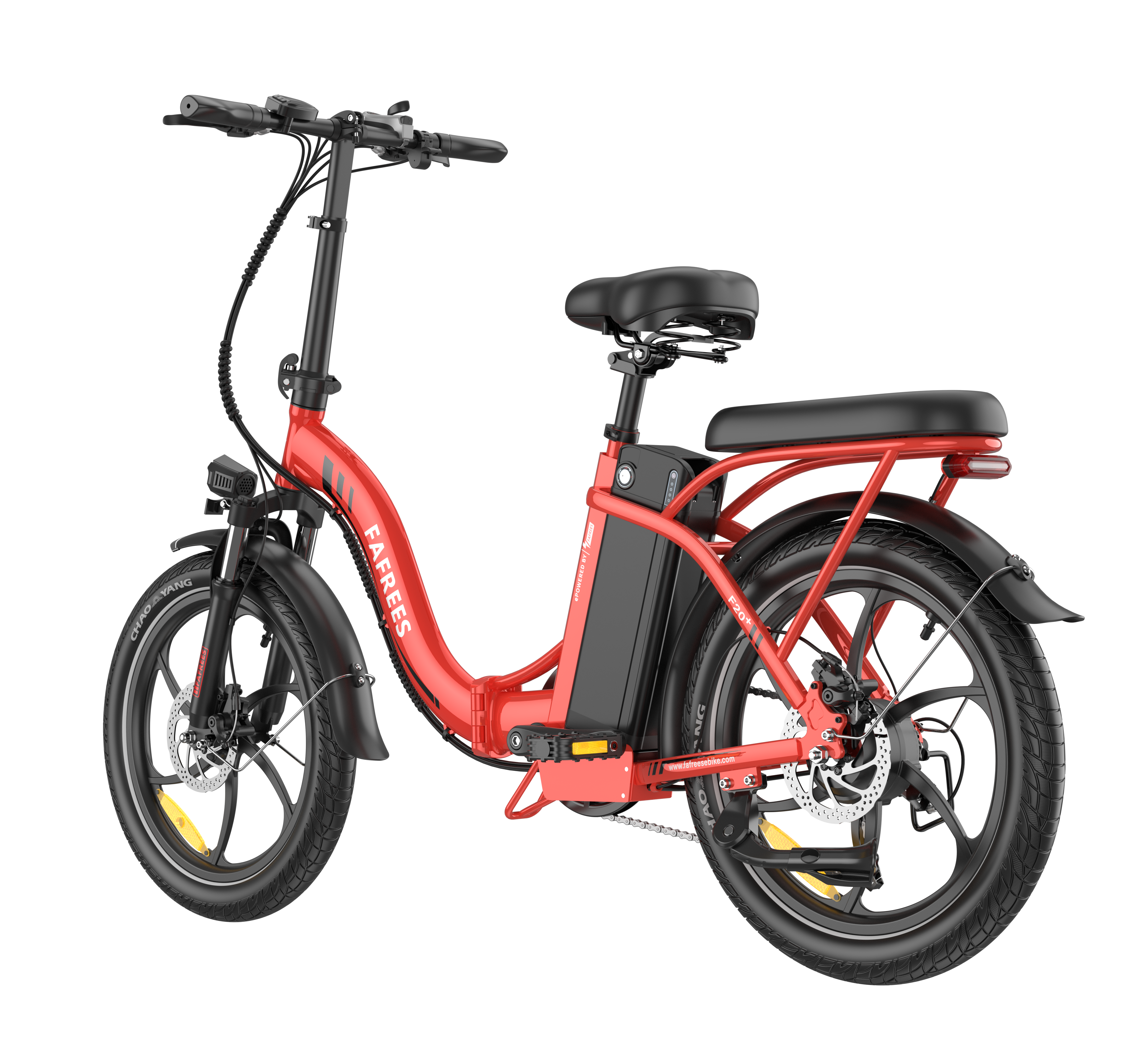 Czerwony rower elektryczny na czarnym tle. Ma czarne opony, czarne siedzenie, a rama ma nazwę marki.