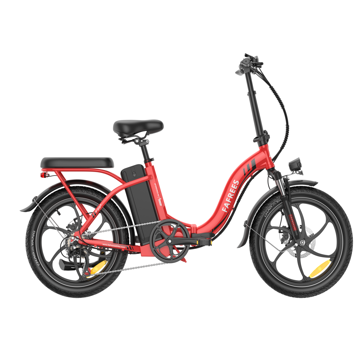 Czerwony składany rower elektryczny FAFFREES. Czarne opony, siedzenie i bateria. Tło jest czarne.