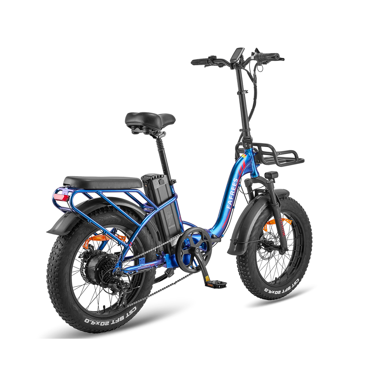 Niebieski elektryczny rower składany z czarnymi oponami. Ma koszyk, siedzenie i baterię. Marka to 'FAFrees'.