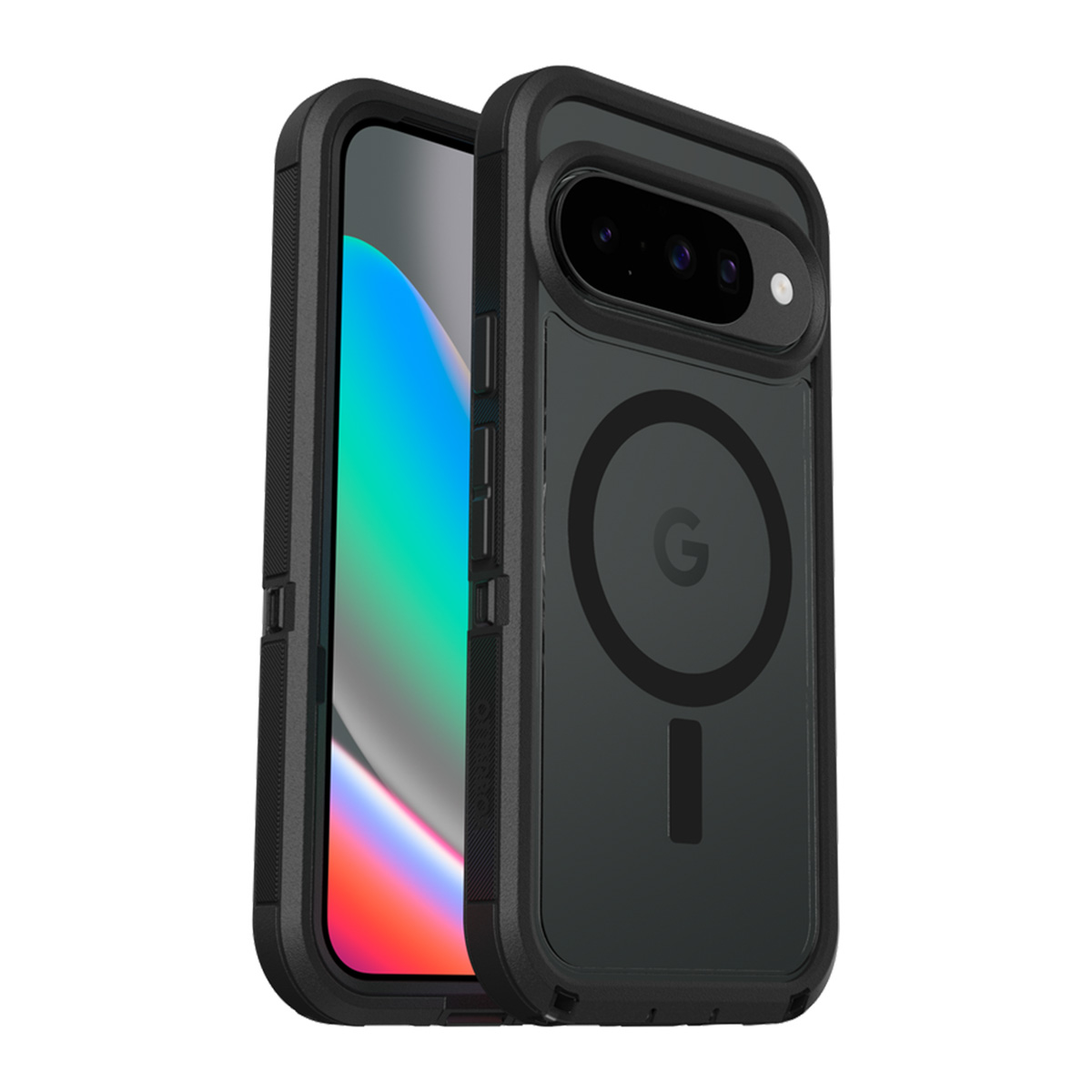 Une coque noire pour smartphone. La coque a un dos transparent avec le logo G et un cercle magnétique. L'écran du téléphone est visible.