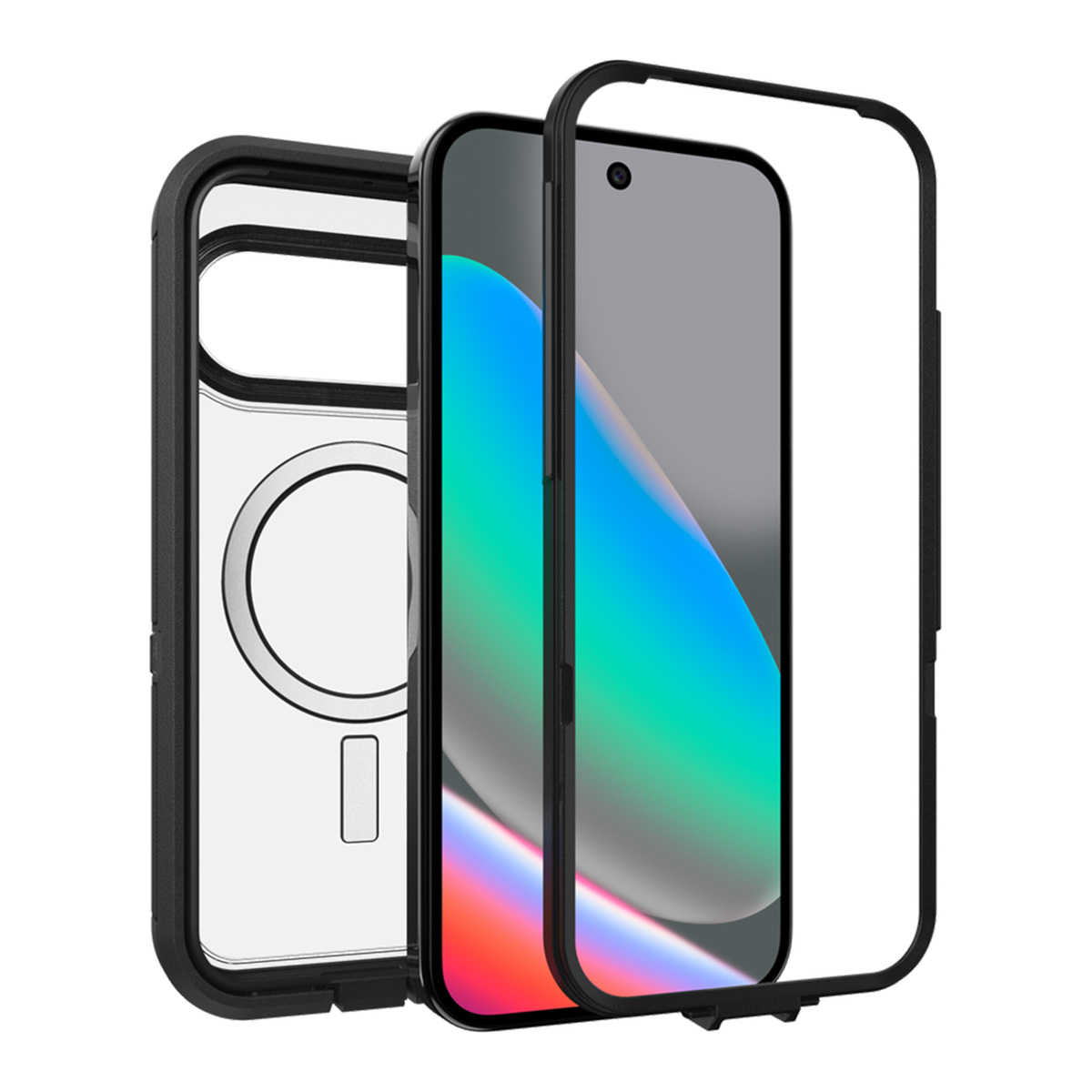 Coque de téléphone noire en trois parties : dos, téléphone avec écran et cadre avant. L'écran affiche une image abstraite colorée.
