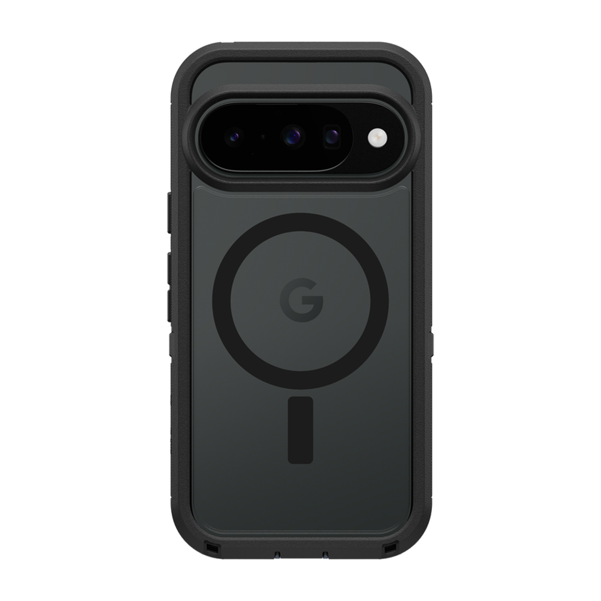 Coque de téléphone Google Pixel noire. Elle possède une zone caméra, un logo circulaire et une ligne verticale pour le chargeur.