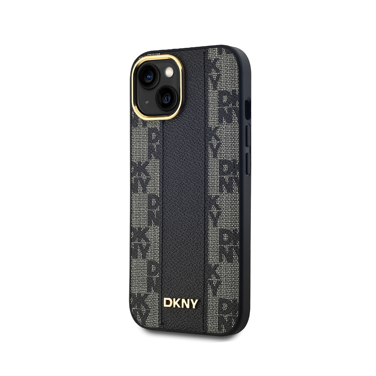 Una custodia nera per iPhone con logo DKNY. La custodia presenta un design a righe con il logo DKNY in un motivo. La fotocamera ha una cornice dorata.