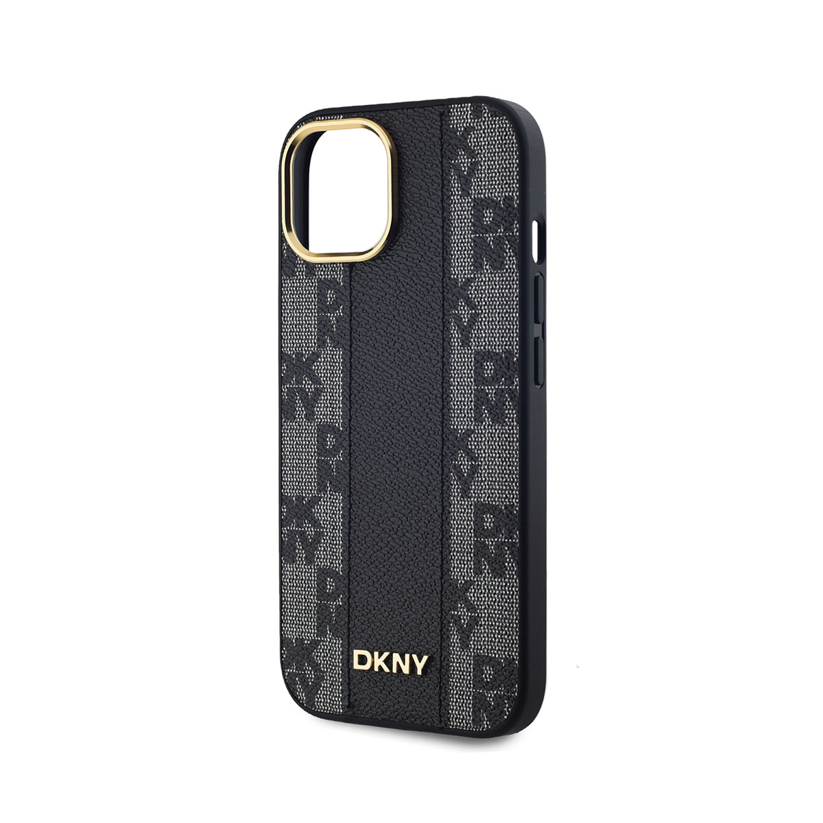 Custodia nera per iPhone con logo DKNY. Contorno dorato della fotocamera. Motivo con loghi DKNY. Sfondo nero.