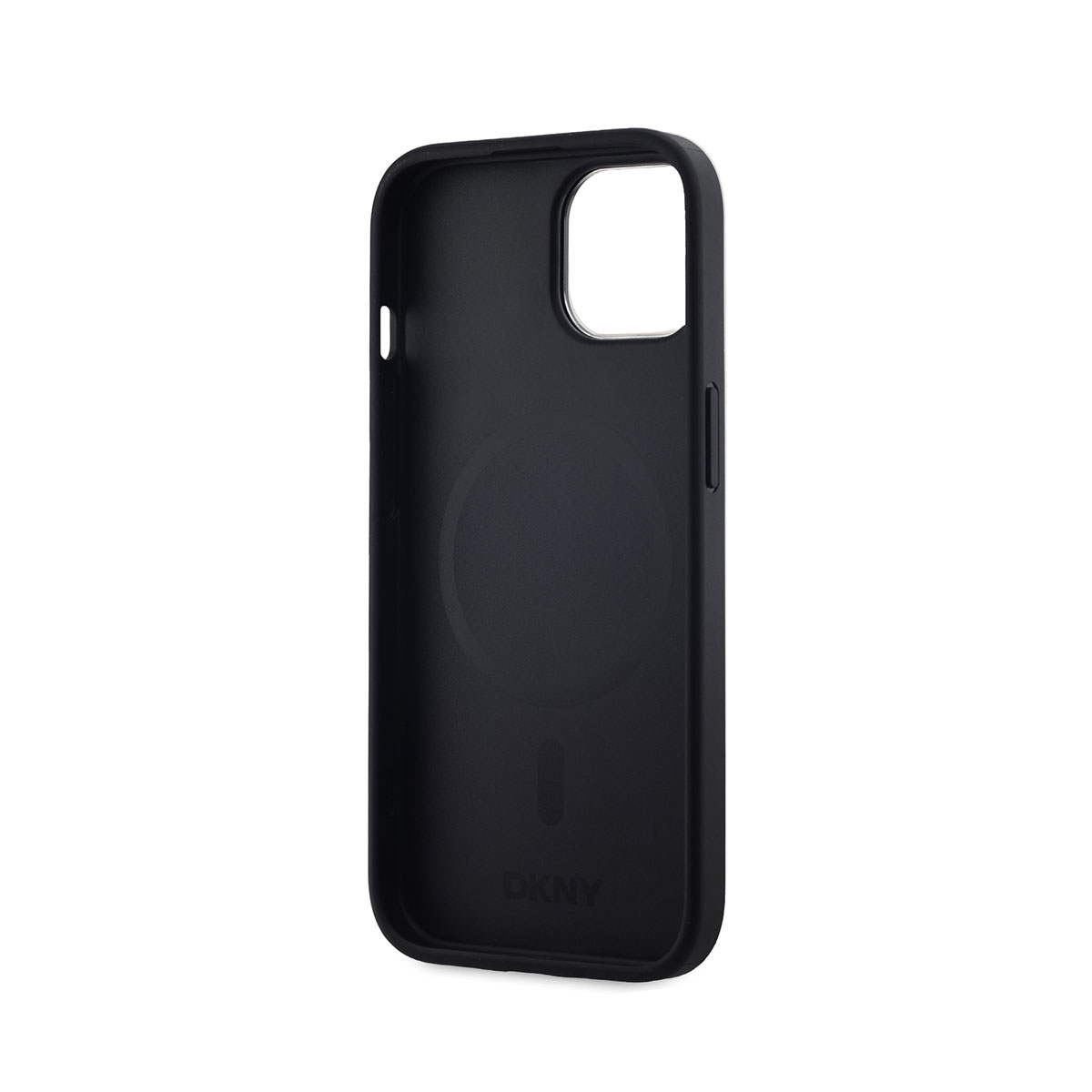 Una custodia per telefono DKNY nera con un ritaglio per la fotocamera. L'interno ha un design circolare e il marchio è in basso.