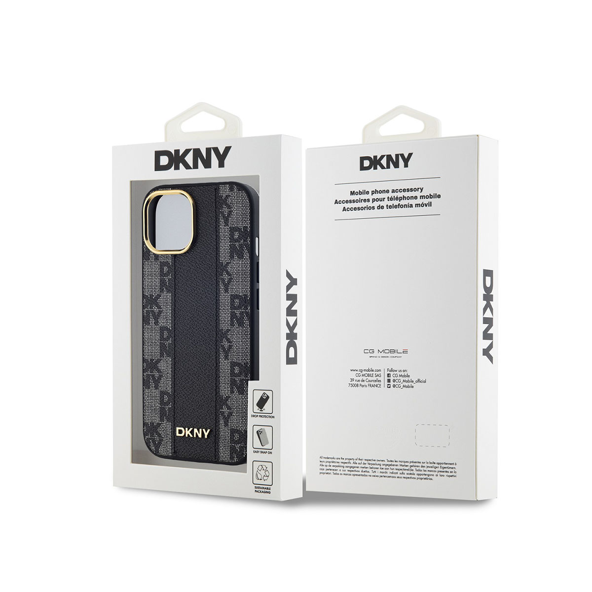 Una custodia per telefono DKNY nella sua confezione. La custodia è nera con un motivo DKNY. La scatola è bianca con testo e loghi.