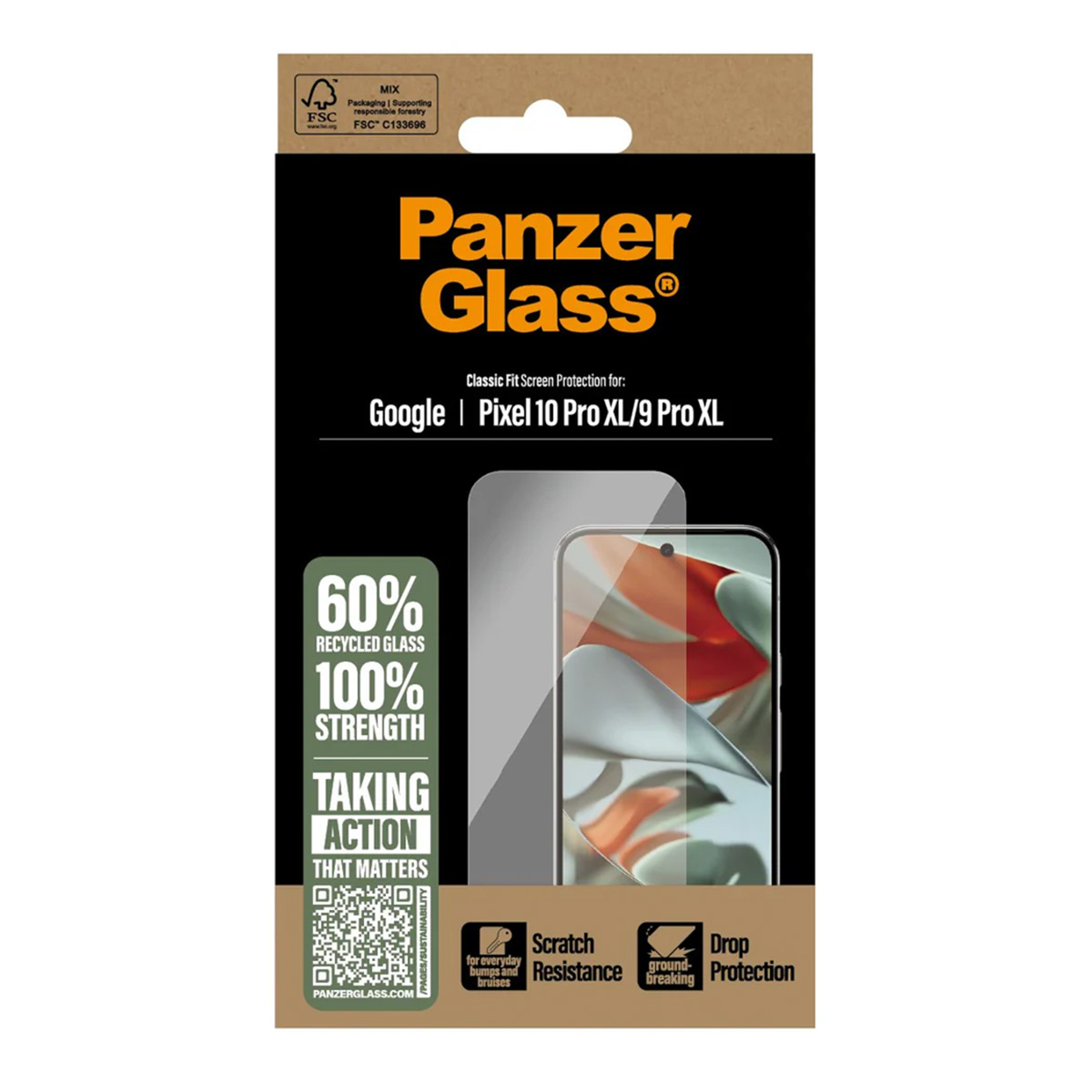 PanzerGlass doos. Zwart en bruin, met logo en tekst. Toont een telefoon met schermbeschermer, en tekst over sterkte en krasbestendigheid.