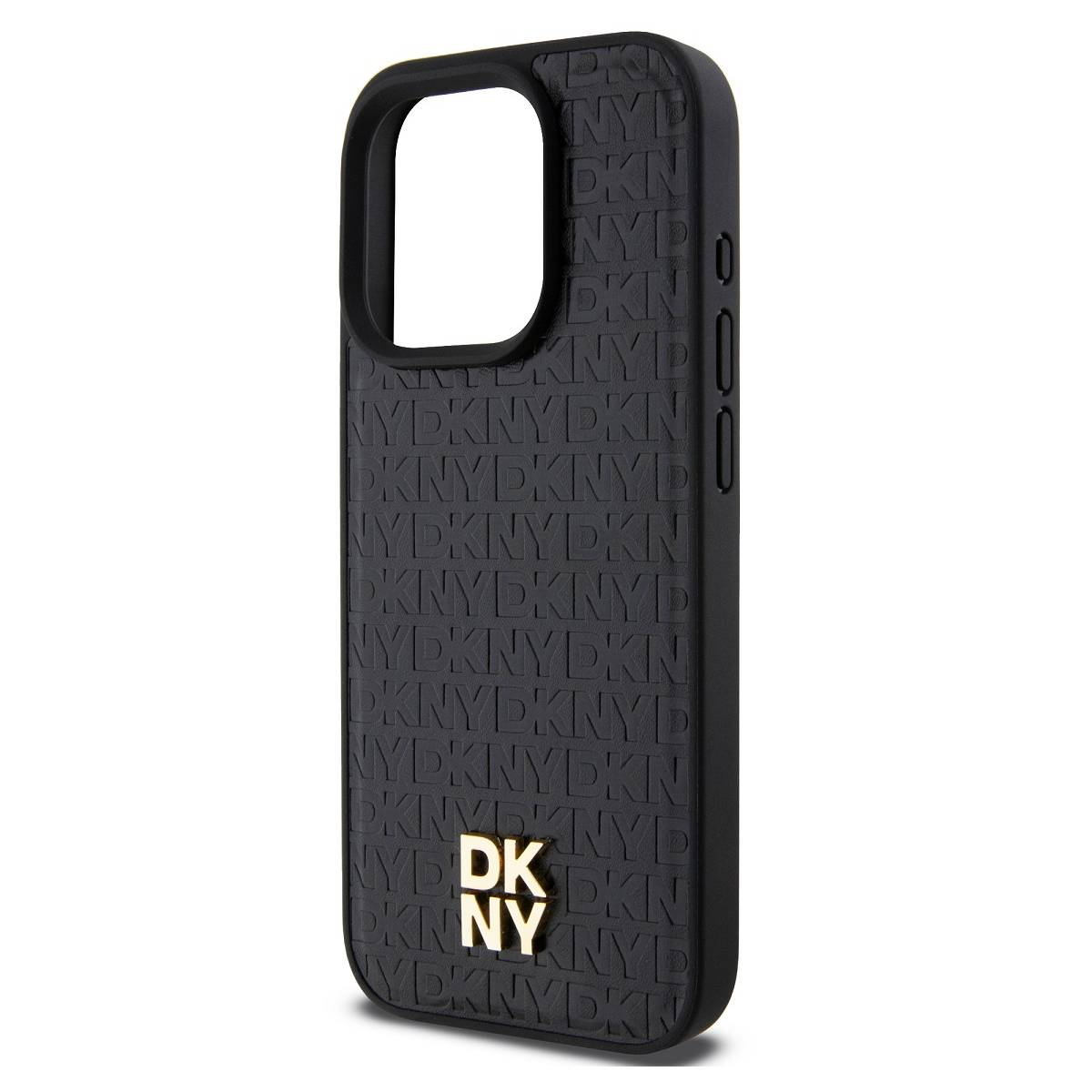 Custodia nera per telefono con loghi "DKNY" e "NY" dorati in rilievo. La custodia ha un ritaglio per la fotocamera e pulsanti laterali.