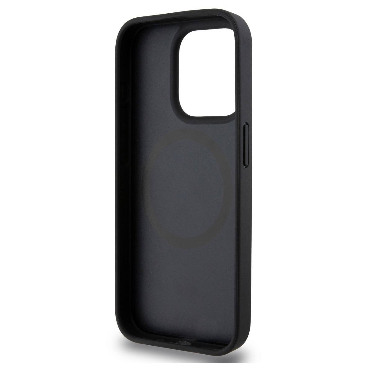 È mostrata una custodia nera per telefono. Ha un ritaglio per la fotocamera e un pulsante. La custodia è realizzata in materiale opaco.