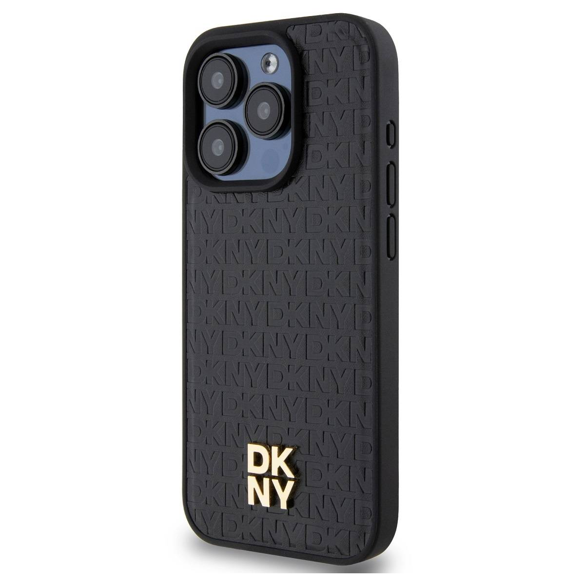 Custodia nera per telefono con logo DKNY in rilievo. Presenta lenti della fotocamera e pulsanti laterali. Logo DKNY dorato in basso.