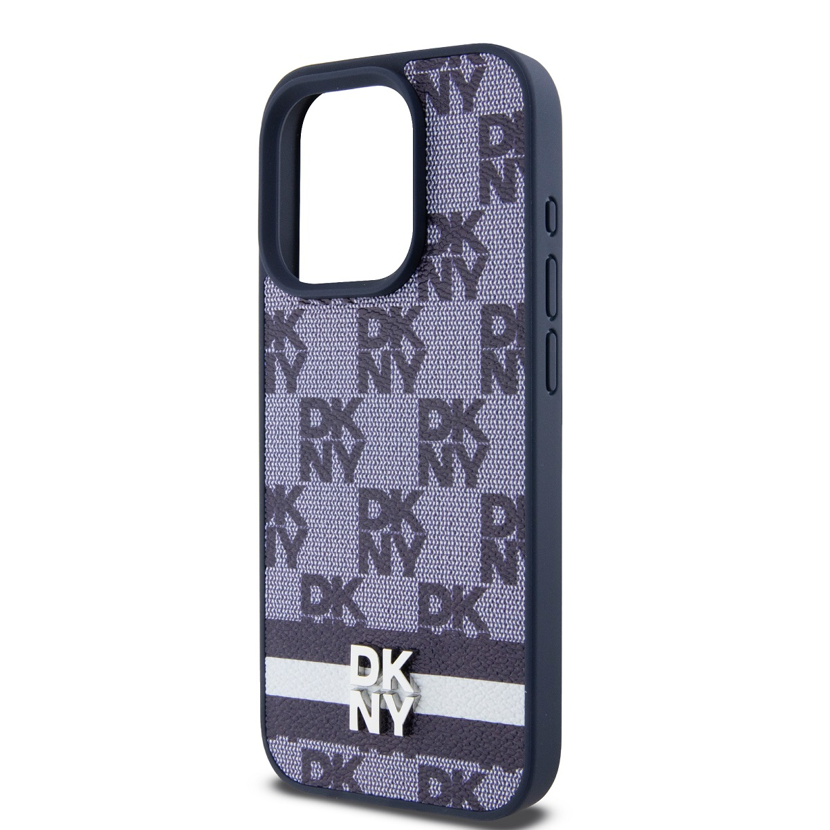 Una custodia per telefono DKNY blu e bianca, con il logo DKNY in evidenza. La custodia ha un motivo strutturato.