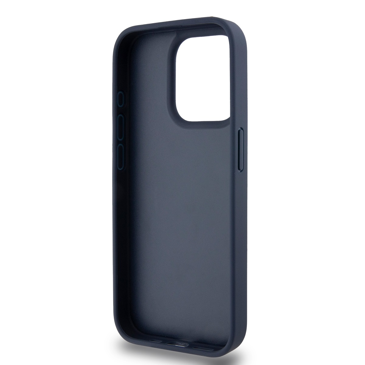 Una custodia per telefono blu scuro su sfondo bianco. La custodia è rettangolare, con fori per i pulsanti e apertura per la fotocamera.