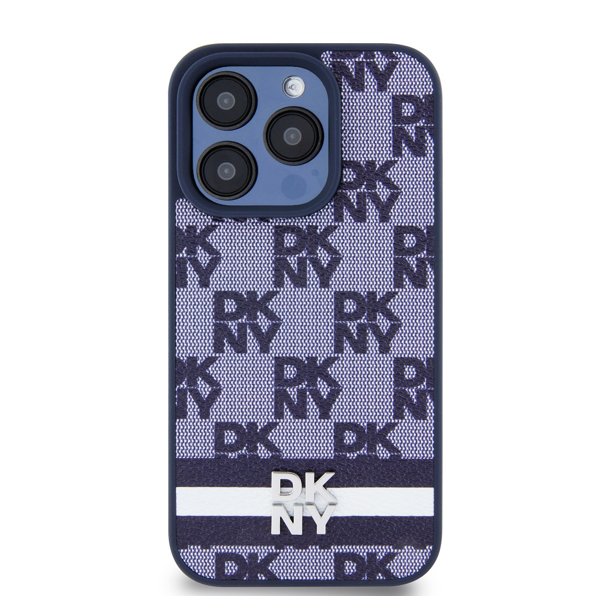 Una custodia per telefono DKNY blu navy con una striscia bianca e il logo DKNY, con un motivo di loghi DKNY.